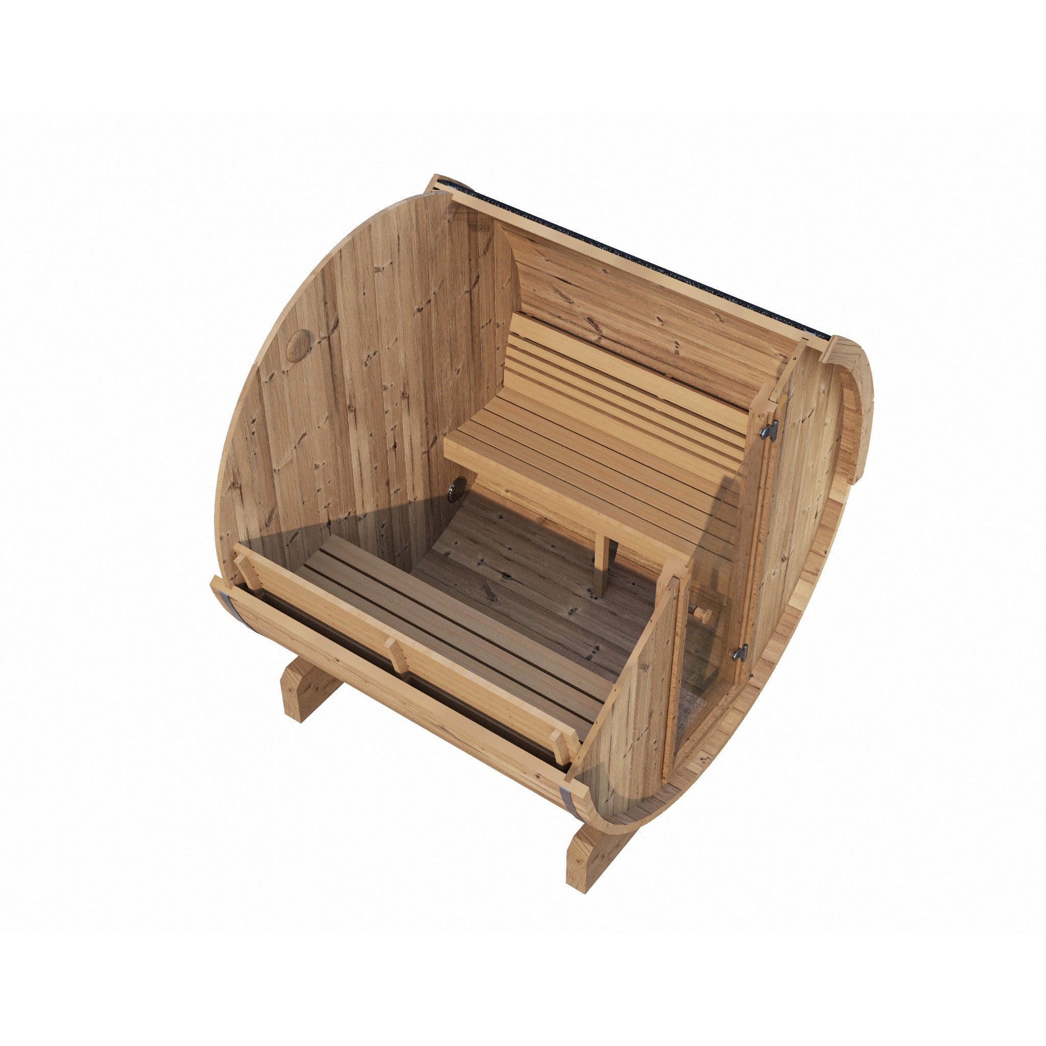 Top view of SaunaLife E7 sauna showing precision-engineered curved barrel construction.