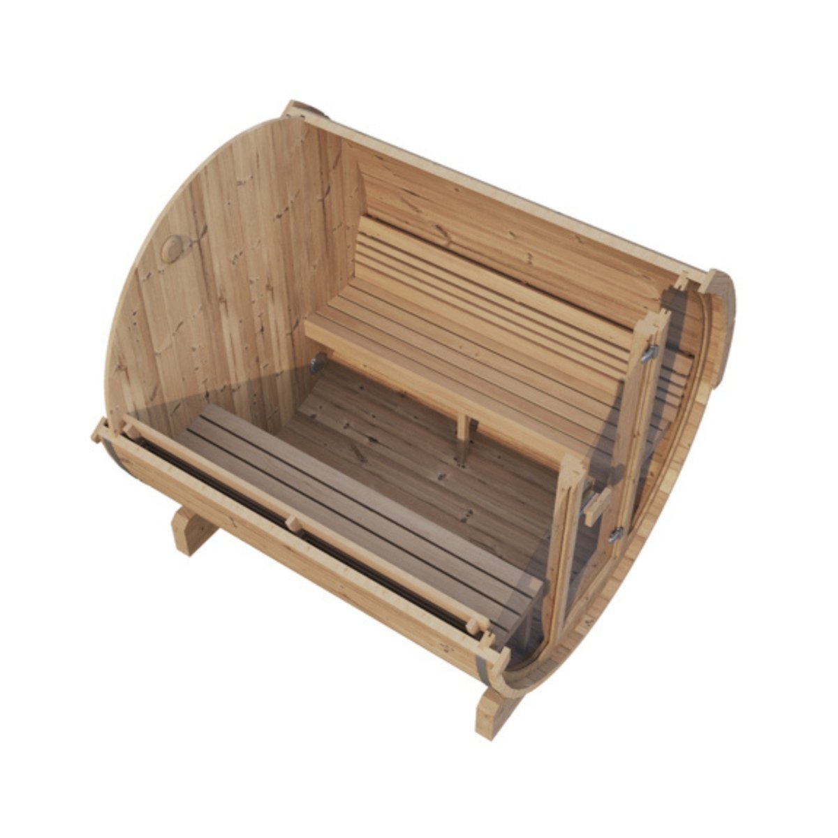 SaunaLife E7G interior top view with cedar benches and flooring.