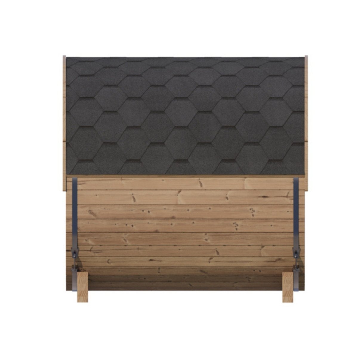 SaunaLife E7G exterior back view showing cedar paneling and dark shingled roof.