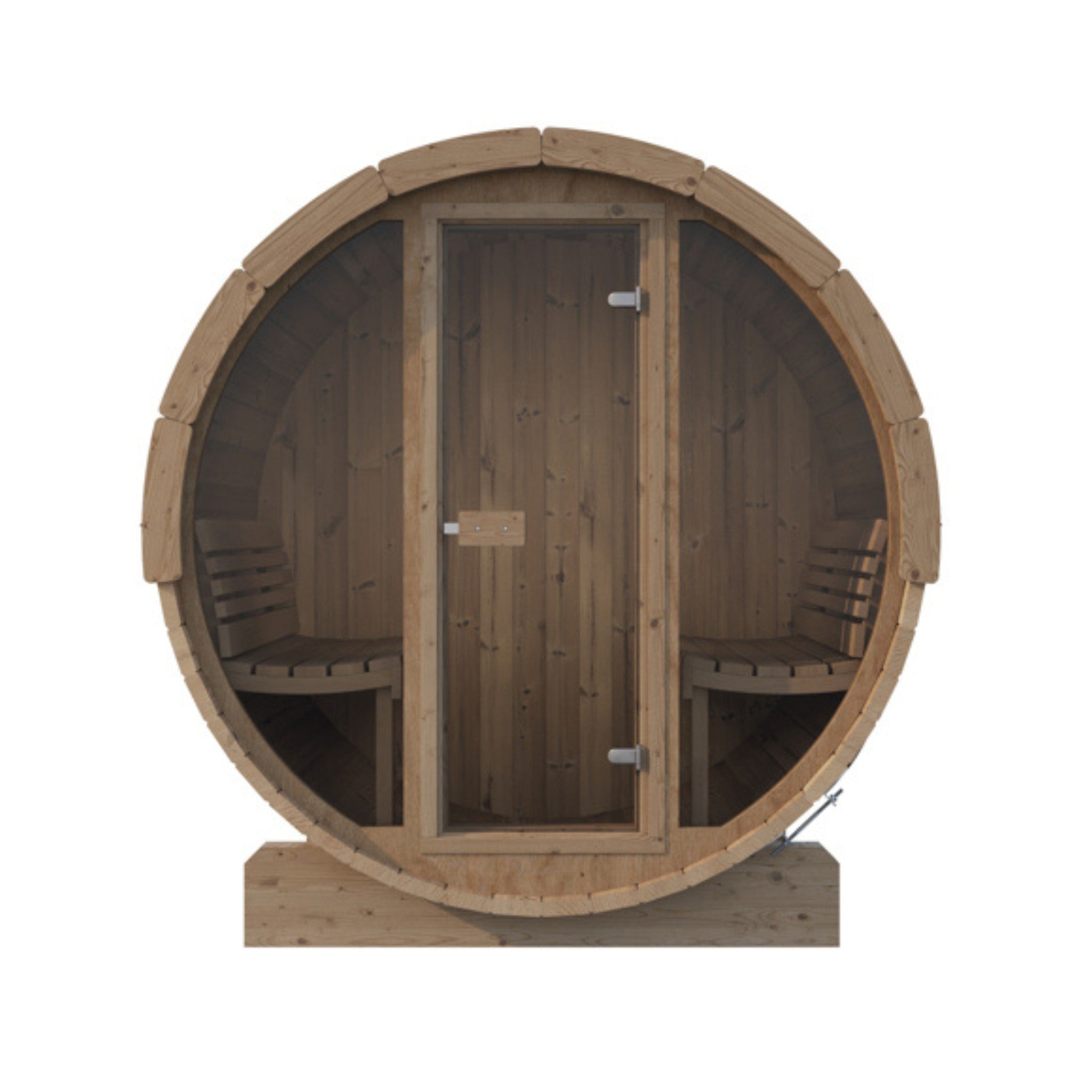 SaunaLife E7G barrel sauna showing front glass entry door and curved wood structure.