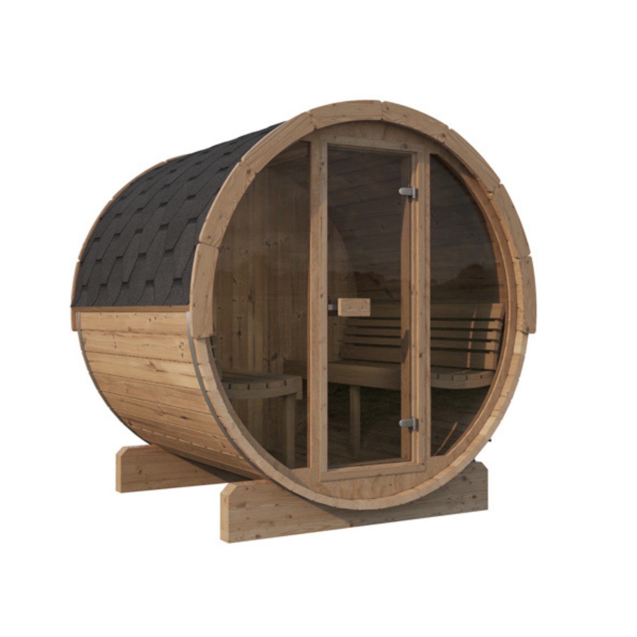 SaunaLife E7G barrel sauna with cedar exterior and glass front door.