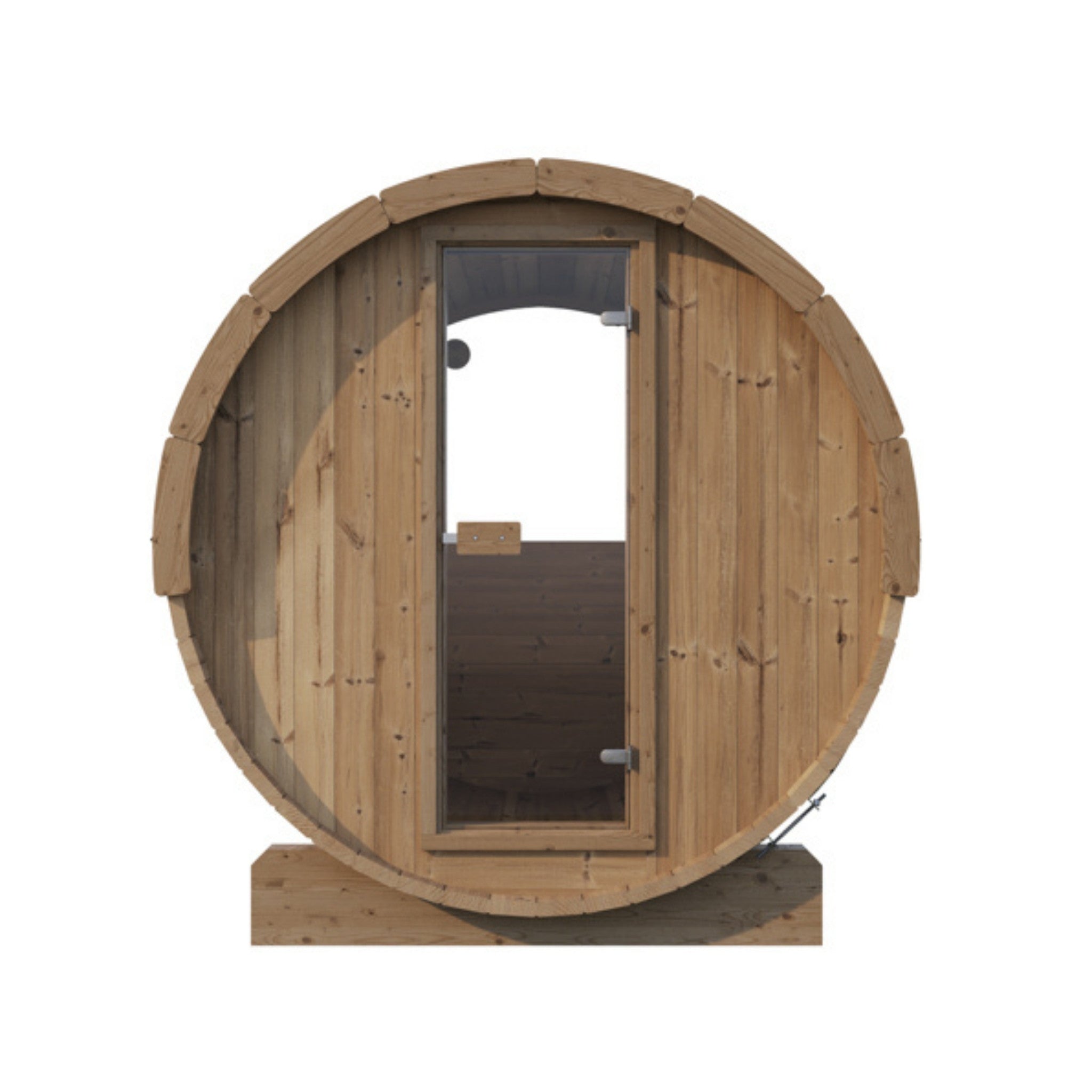 SaunaLife E7W barrel sauna front view showing cedar door and wood exterior.