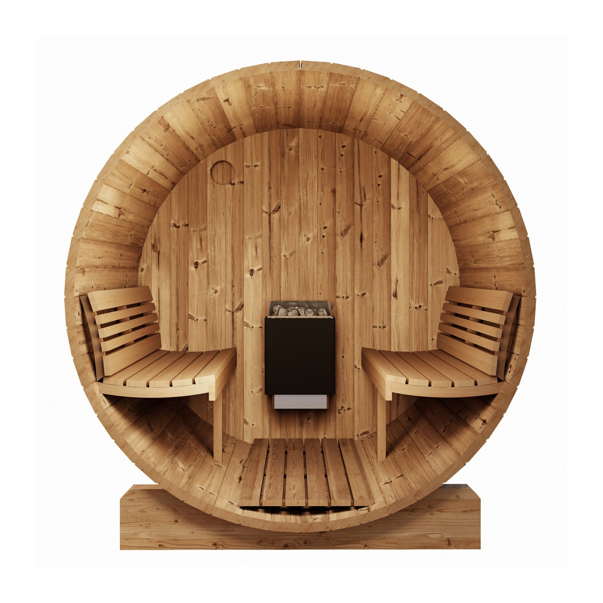 SaunaLife Model E8 barrel sauna front view featuring twin benches and wood-fired heater.