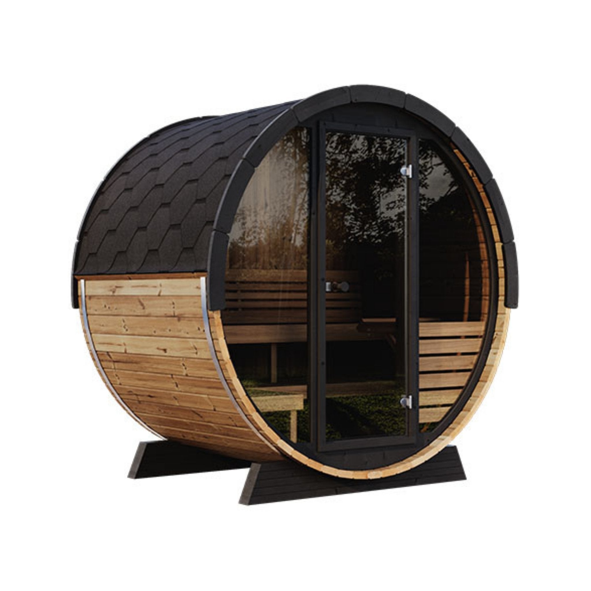 SaunaLife Model EE6G outdoor barrel sauna with full glass front door and dark roof shingles.