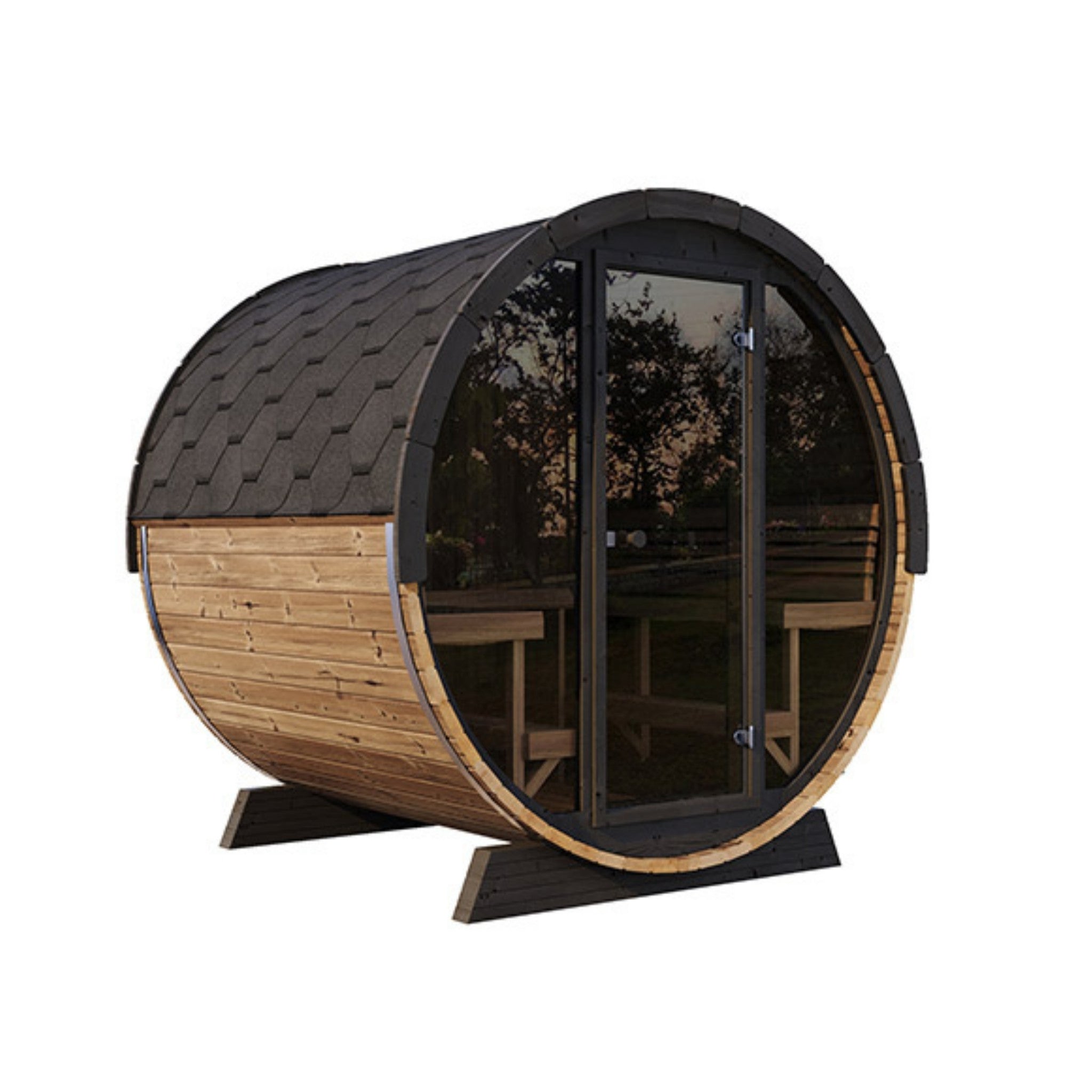 SaunaLife EE8G outdoor barrel sauna with glass front