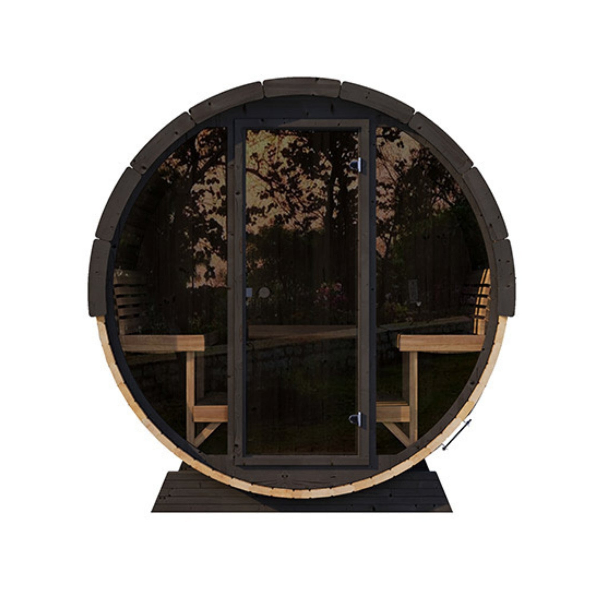 SaunaLife EE8G barrel sauna with glass entry door and natural wood finish interior.