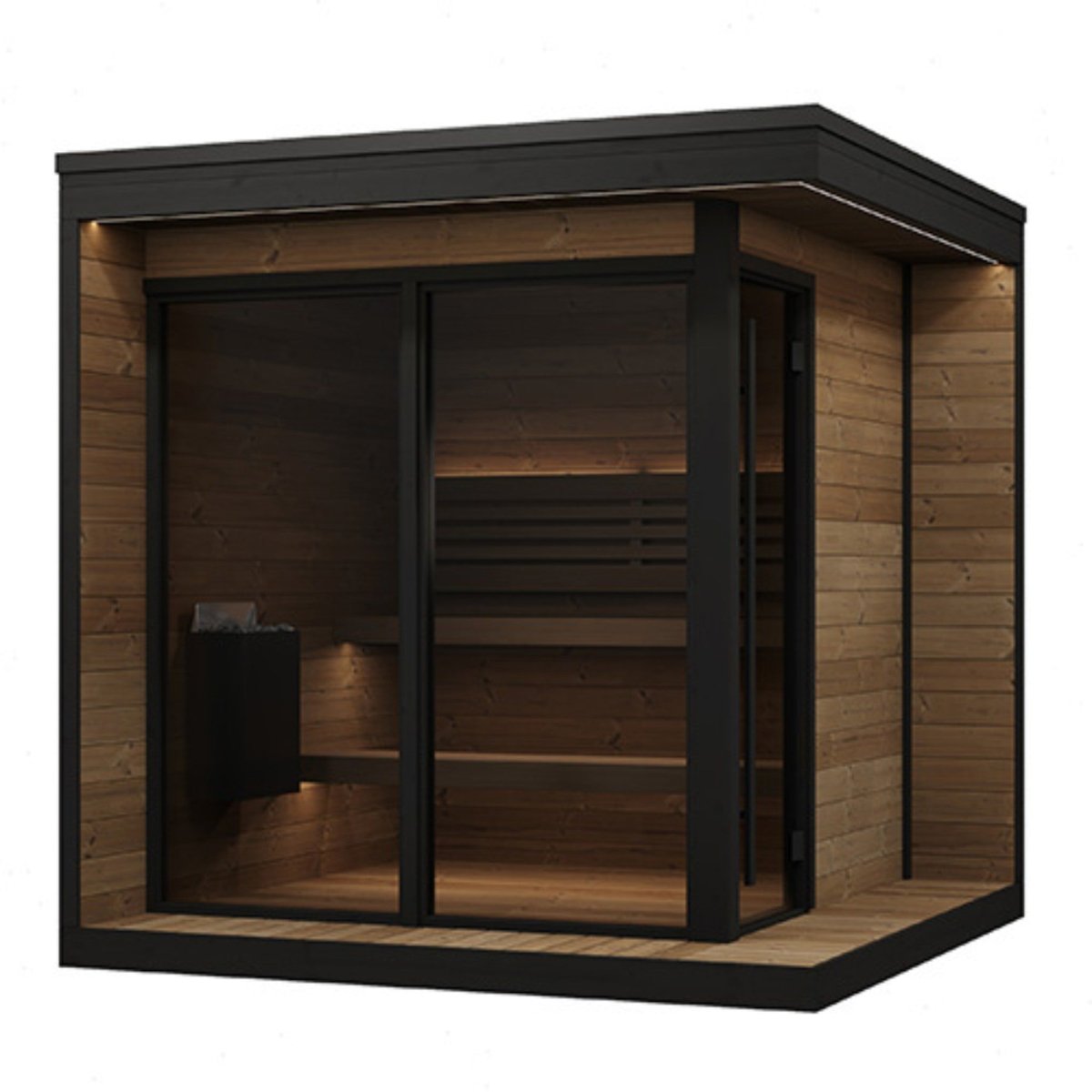 SaunaLife Model GL6 outdoor sauna kit with modern glass front door and black metal frame.