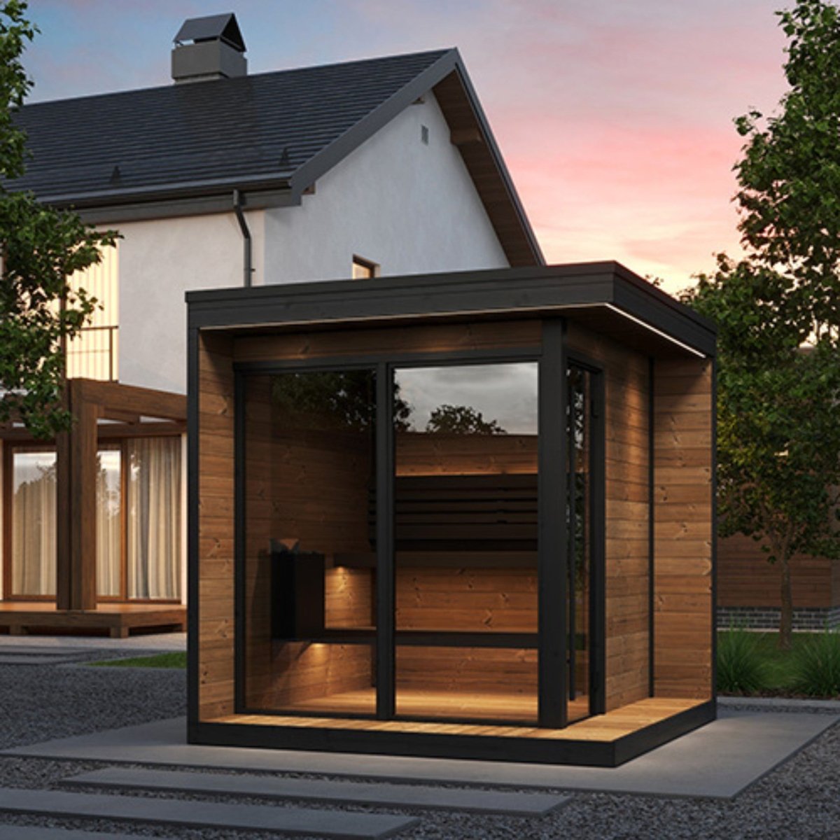 SaunaLife GL6 outdoor sauna cabin positioned in residential backyard with modern design.
