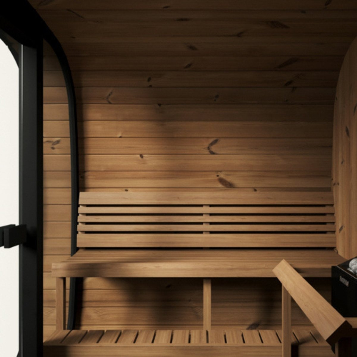 SaunaLife CL7G interior view showing glass door entry and heater positioned near benches.