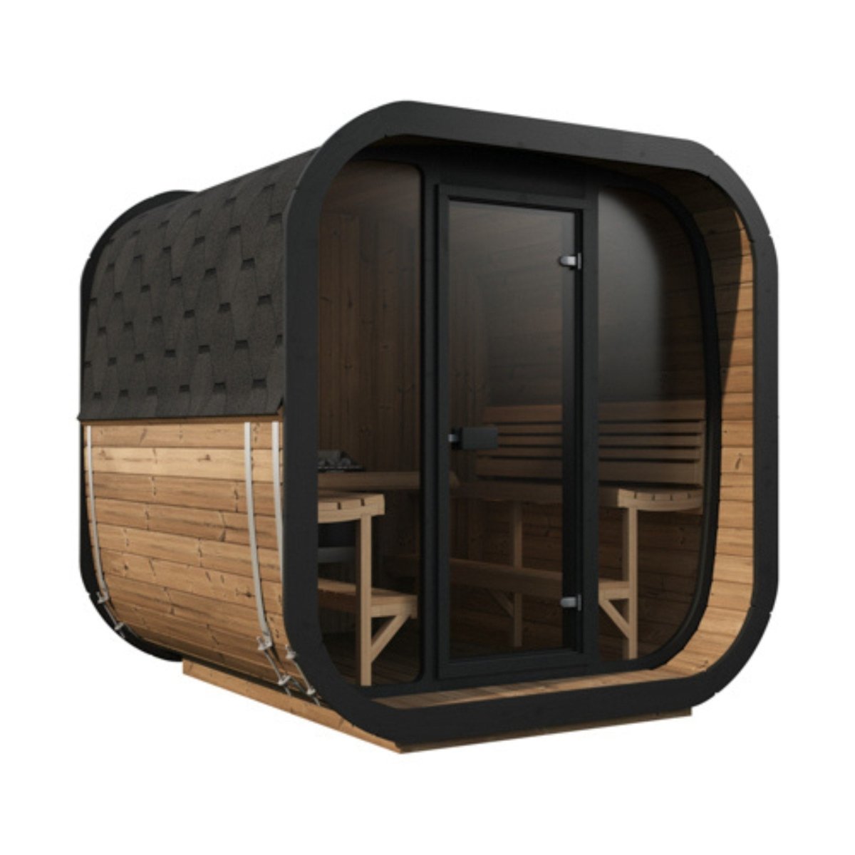 SaunaLife Model CL7G outdoor sauna cabin with glass front door and dark shingle roof