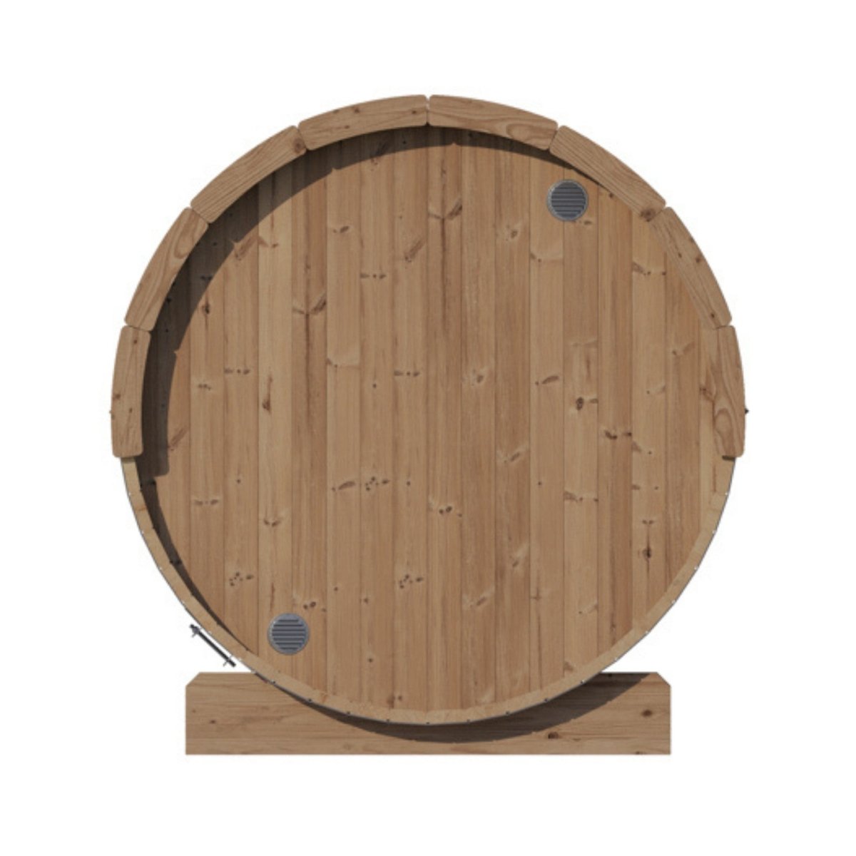 Rear view of SaunaLife E6 sauna displaying curved Thermo-Spruce exterior panels.