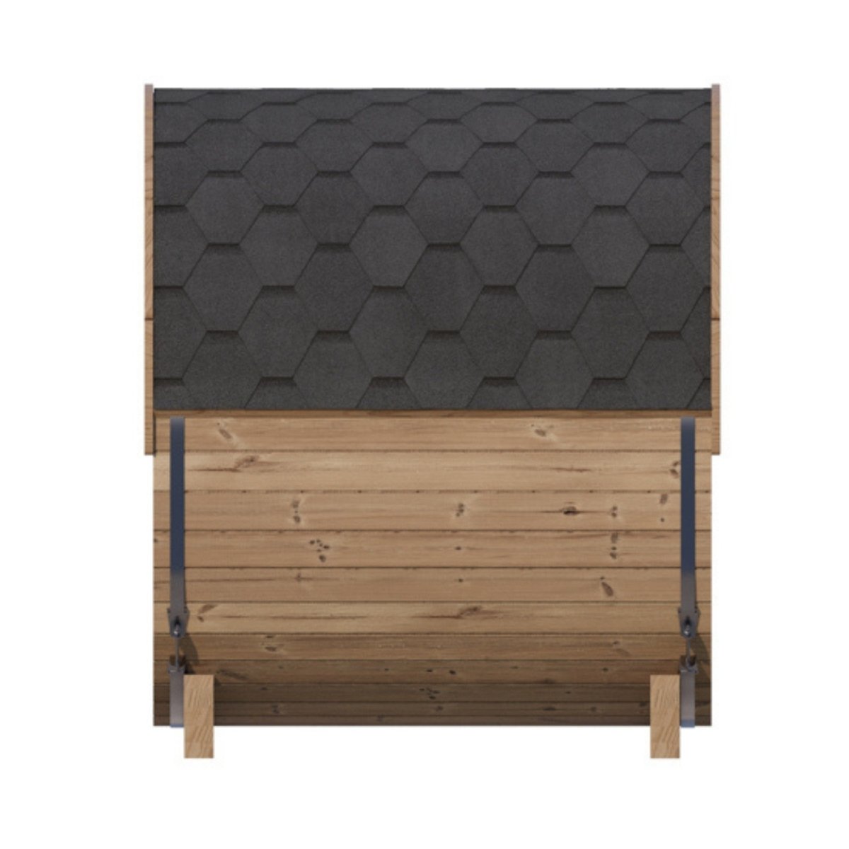 SaunaLife E6 side exterior panel showing Thermo-Spruce exterior panels with dark shingled roof.