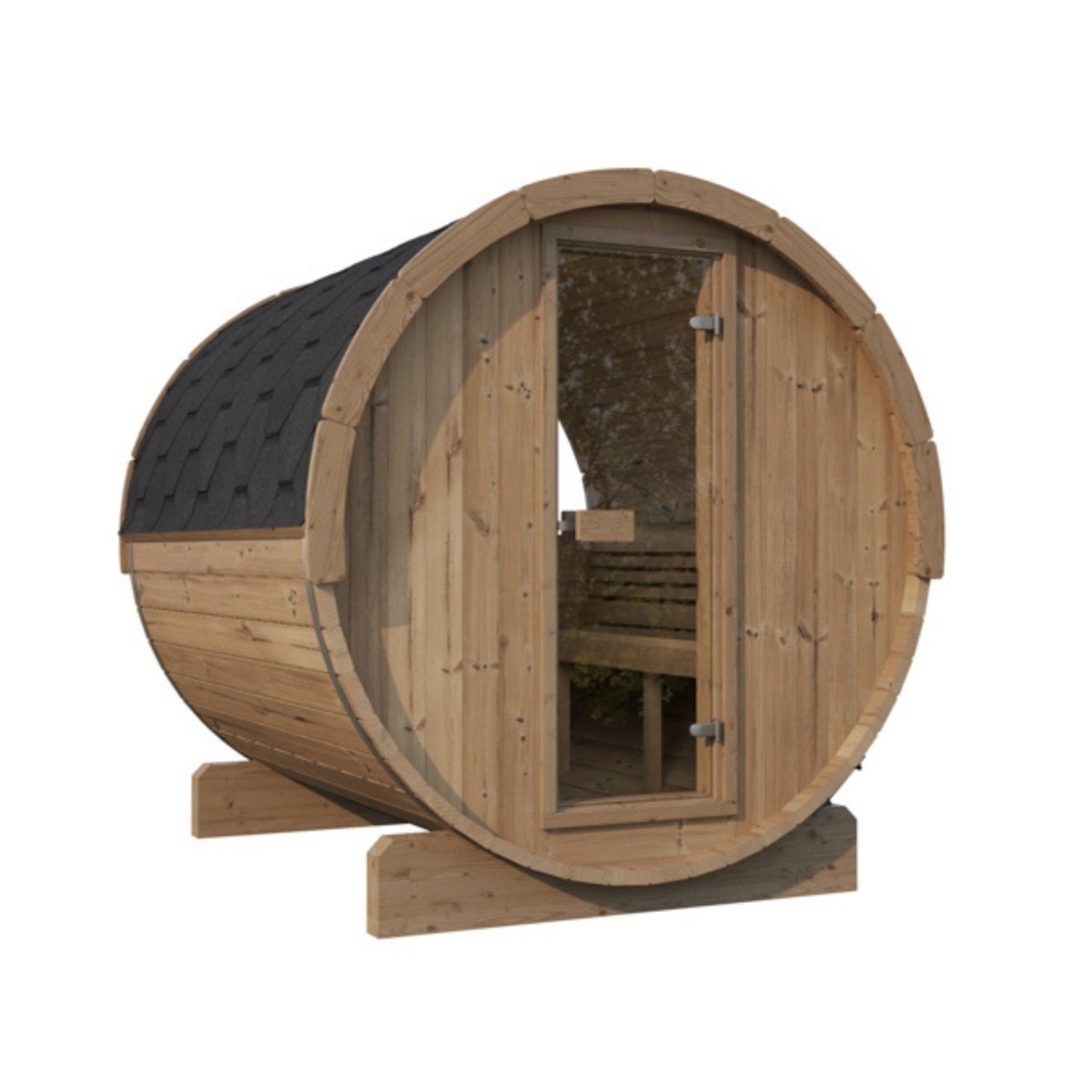 SaunaLife Model E8W outdoor barrel sauna with glass window and shingled black roof.