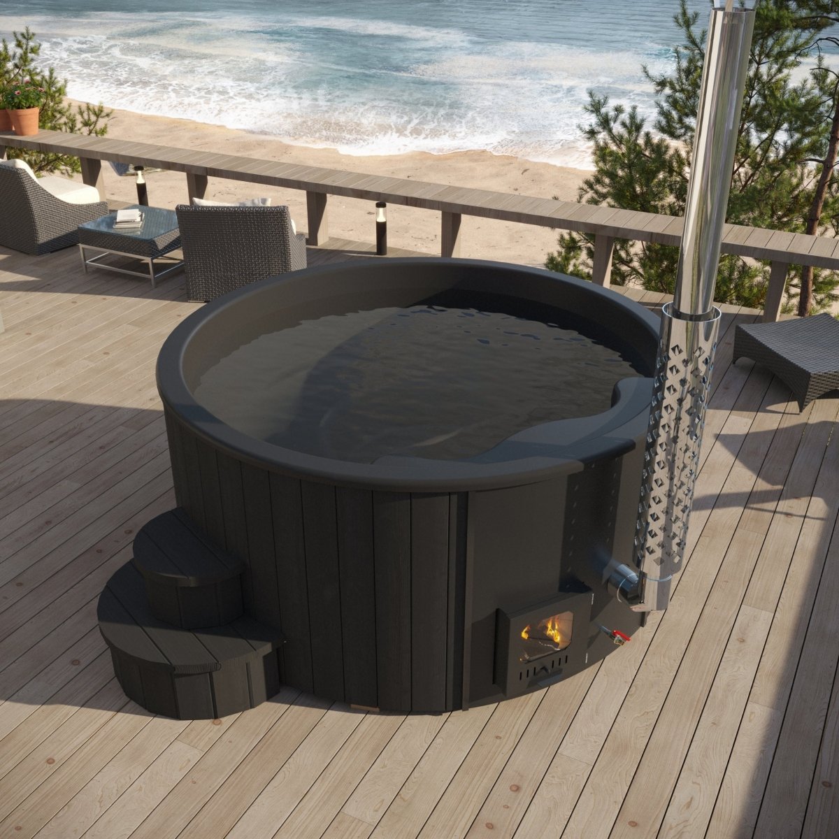 SaunaLife S4B exterior view showing black wood hot tub with chimney and steps on a outdoor deck.