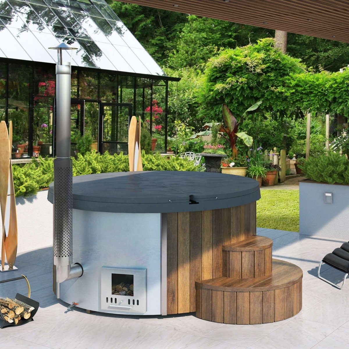Contemporary SaunaLife S4N hot tub design with contrasting wood base and chimney.