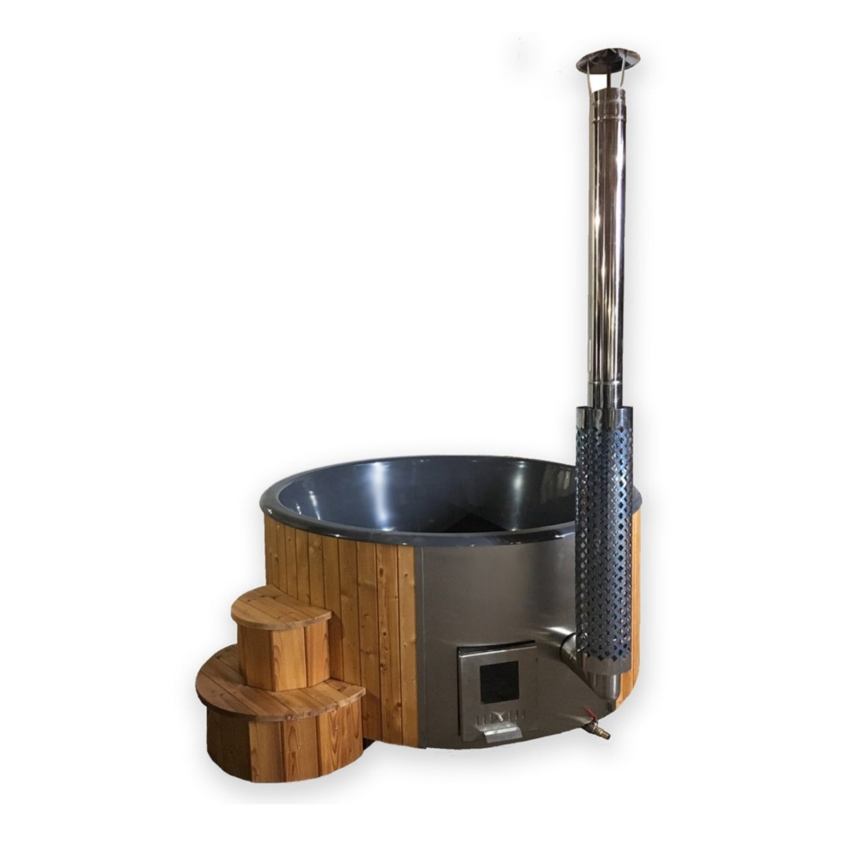 SaunaLife S4N brown wood-fired hot tub featuring tall steel chimney and step stool.