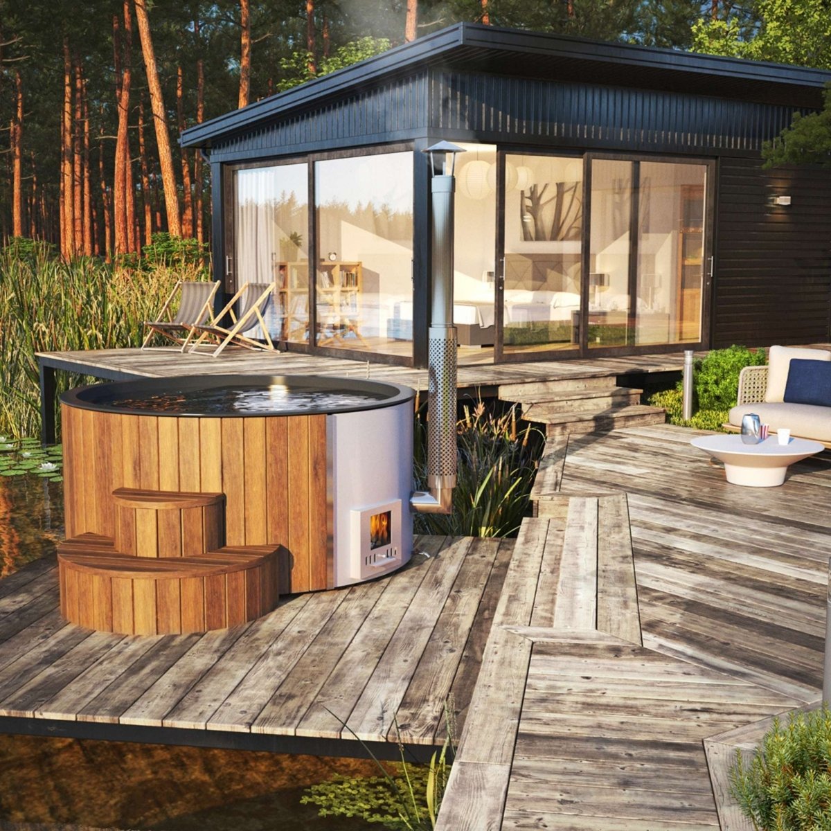 SaunaLife S4N wood-fired hot tub glowing warmly at dusk beside outdoor seating area.