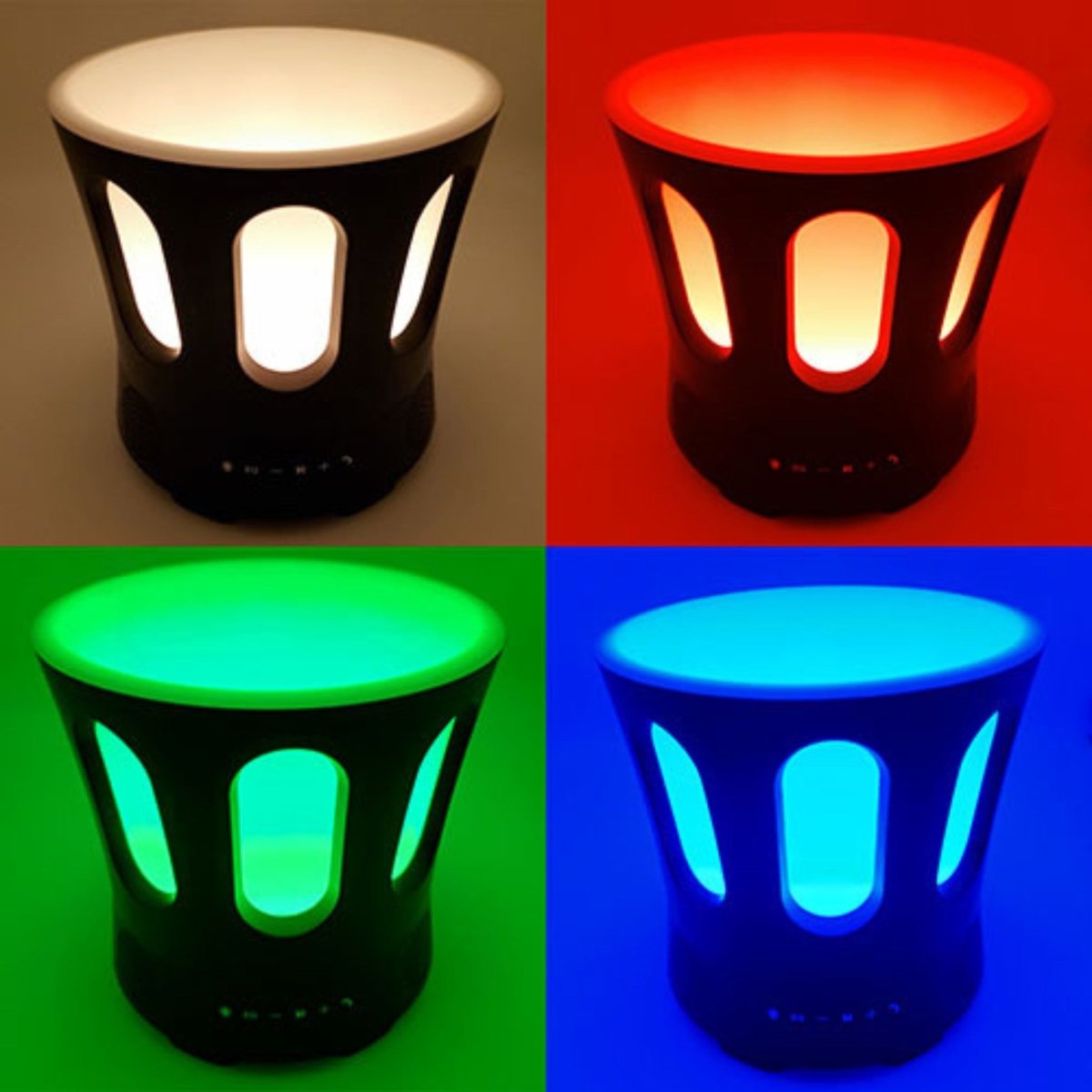 SaunaLife SaunaZone LED speaker bowl showing multiple color options including red, green, blue, and white.