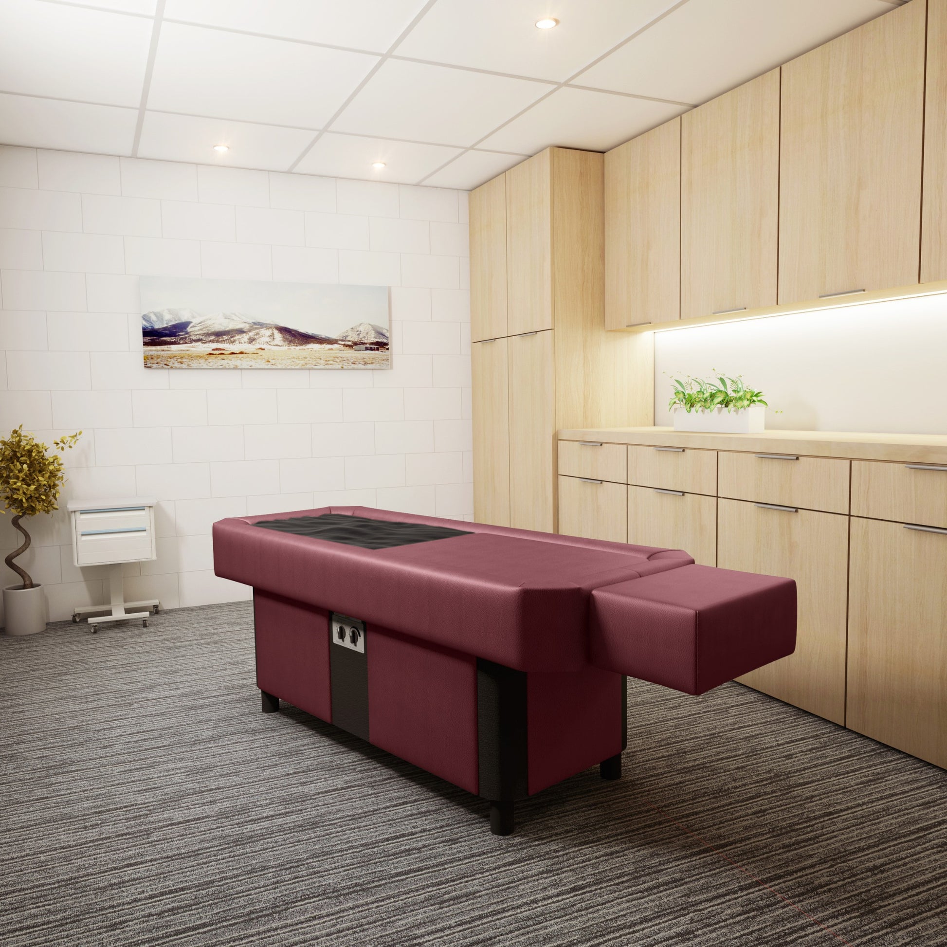 Practitioner beside Sidmar Pro S10 Hydrotable in burgundy finish clinic setting