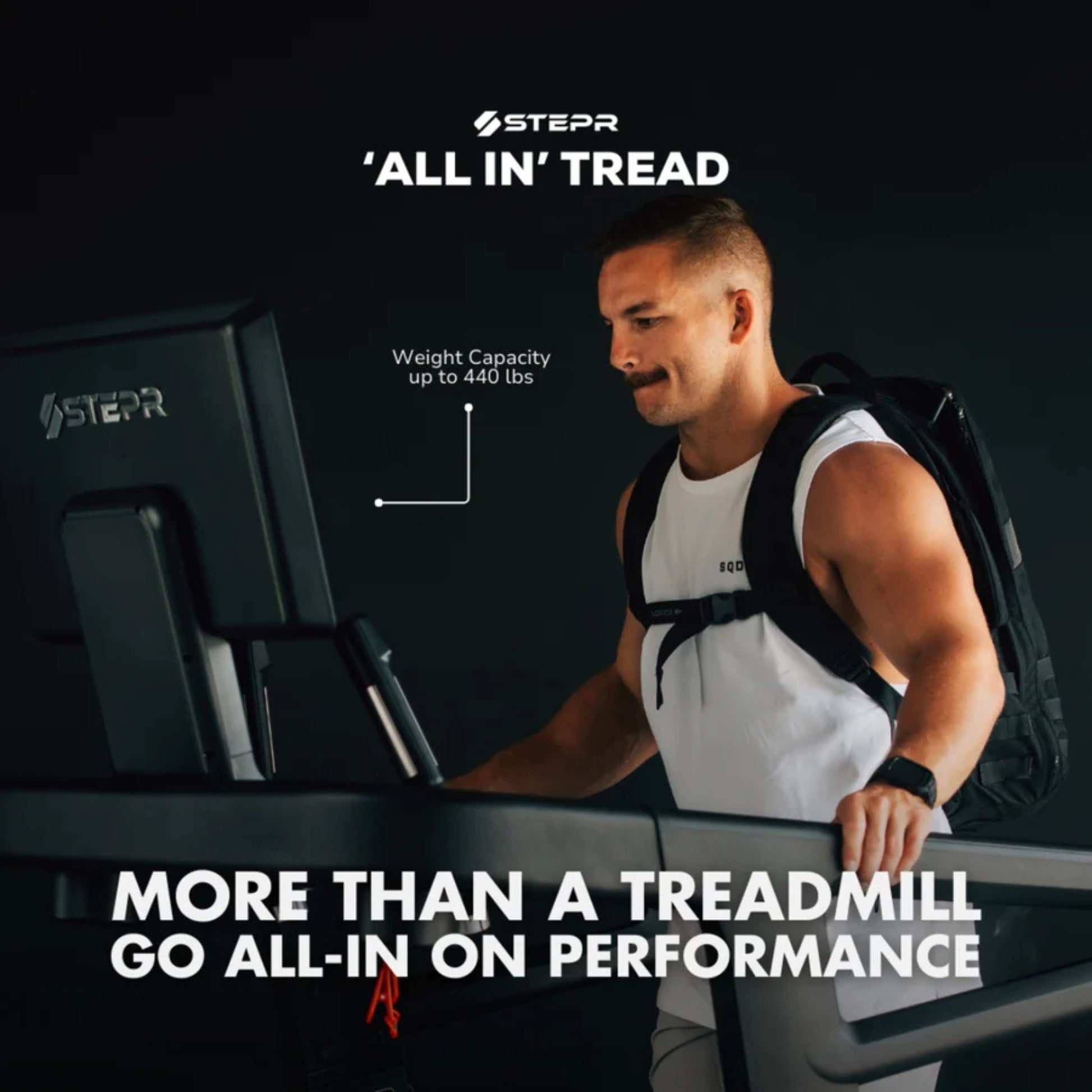 Close-up of STEPR All-In Tread XL treadmill console with workout programs