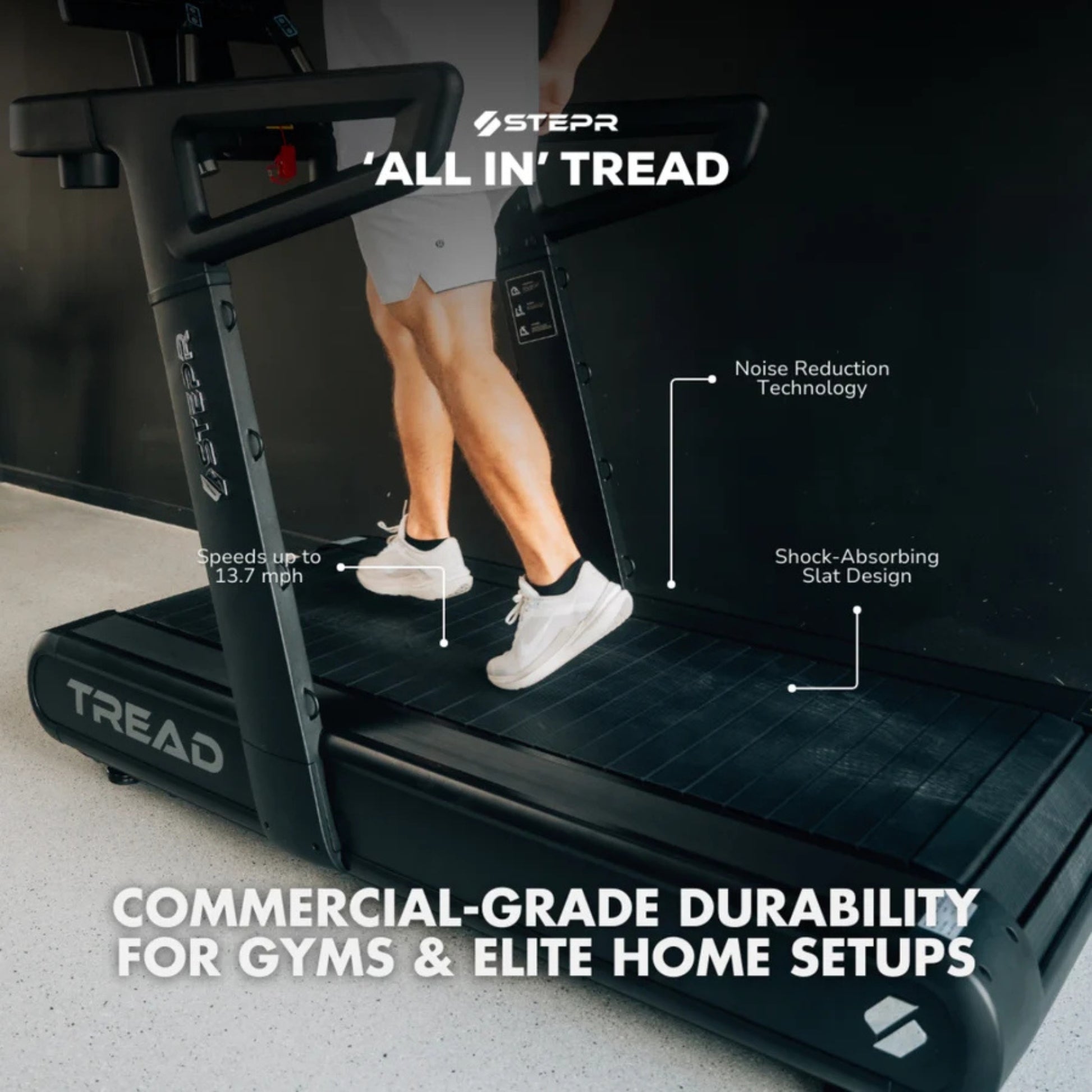 Athlete using STEPR All-In Tread XL treadmill on incline mode for endurance