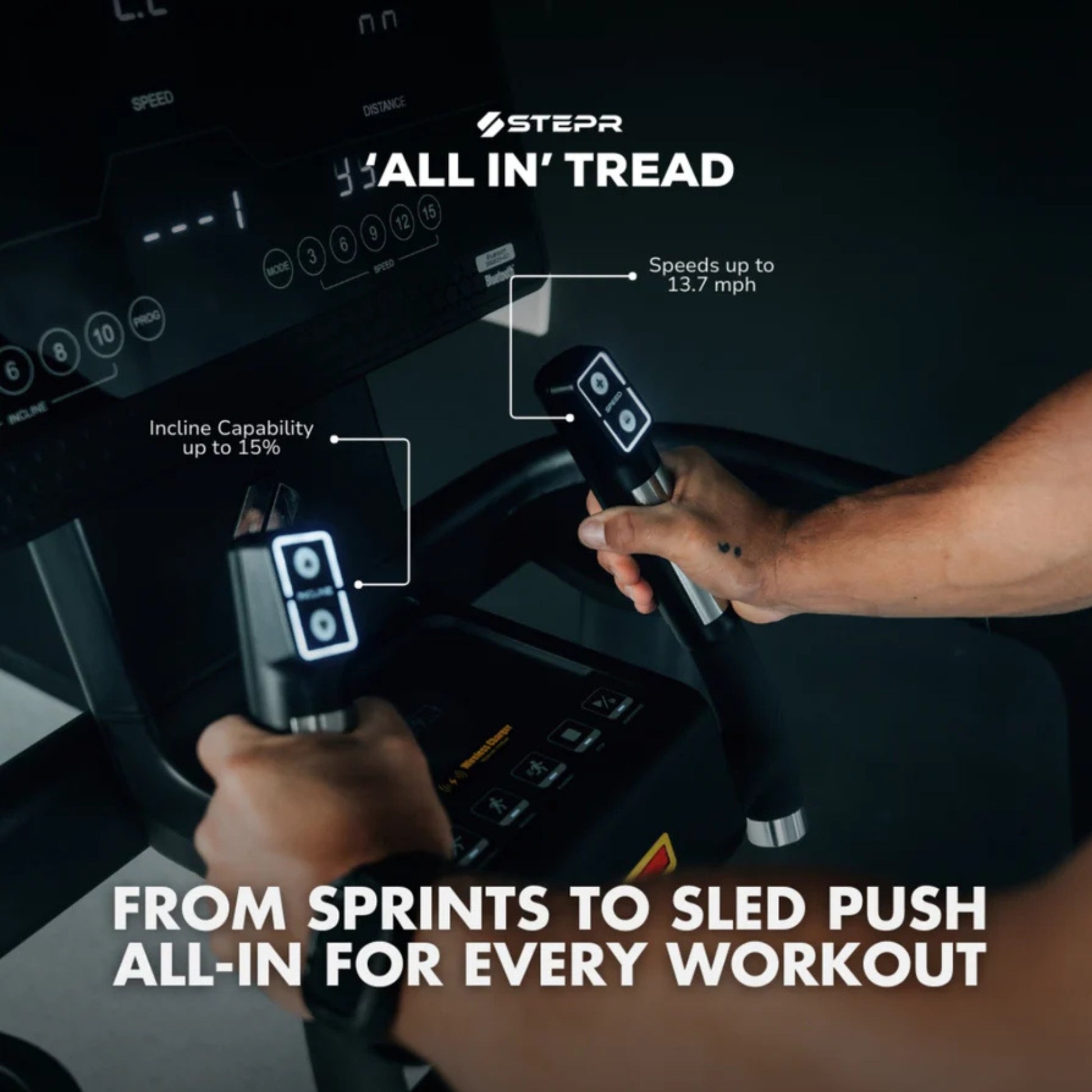 Side profile of STEPR All-In Tread XL treadmill with sturdy slat-belt design