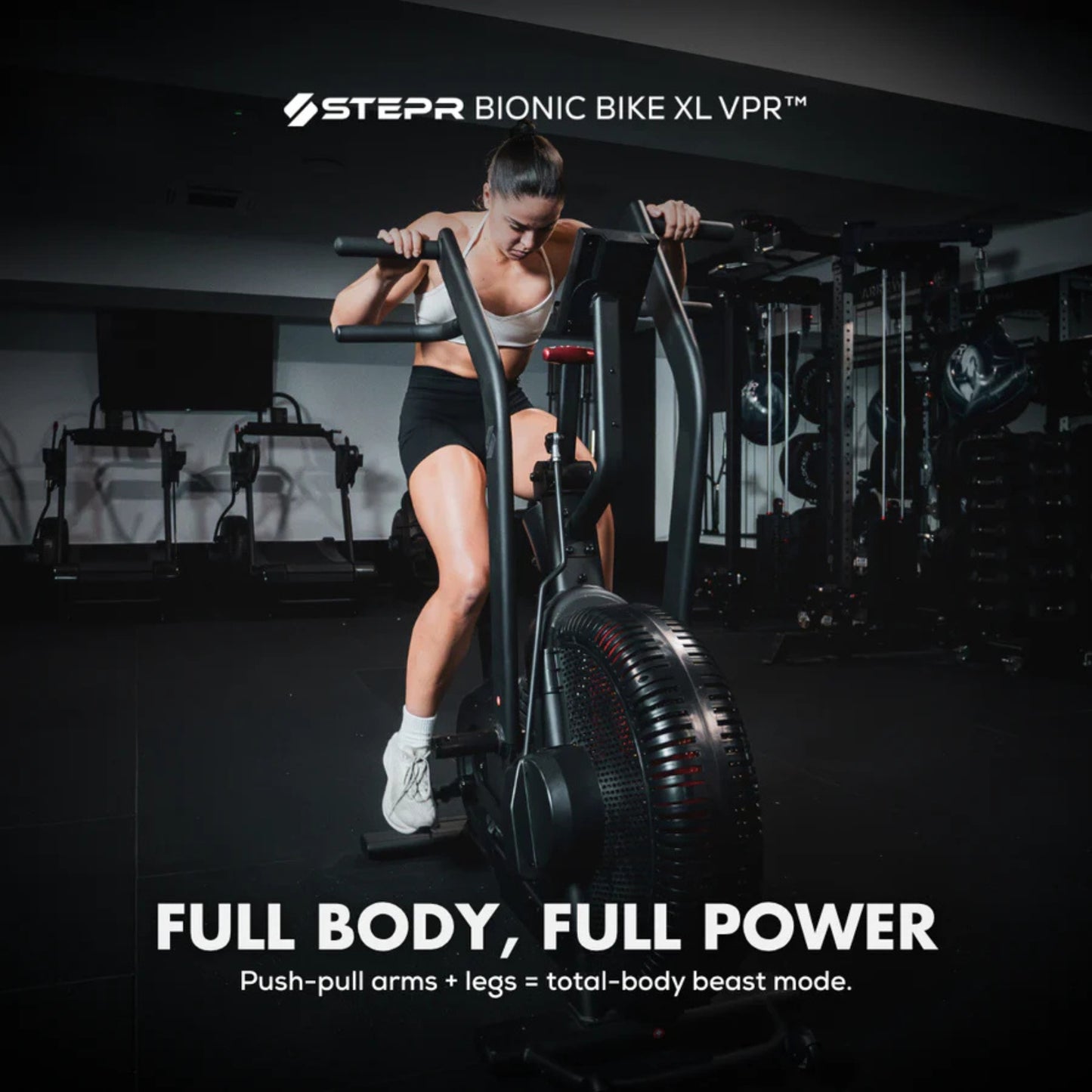Rear angled view of STEPR Bionic Bike XL air bike with sturdy frame