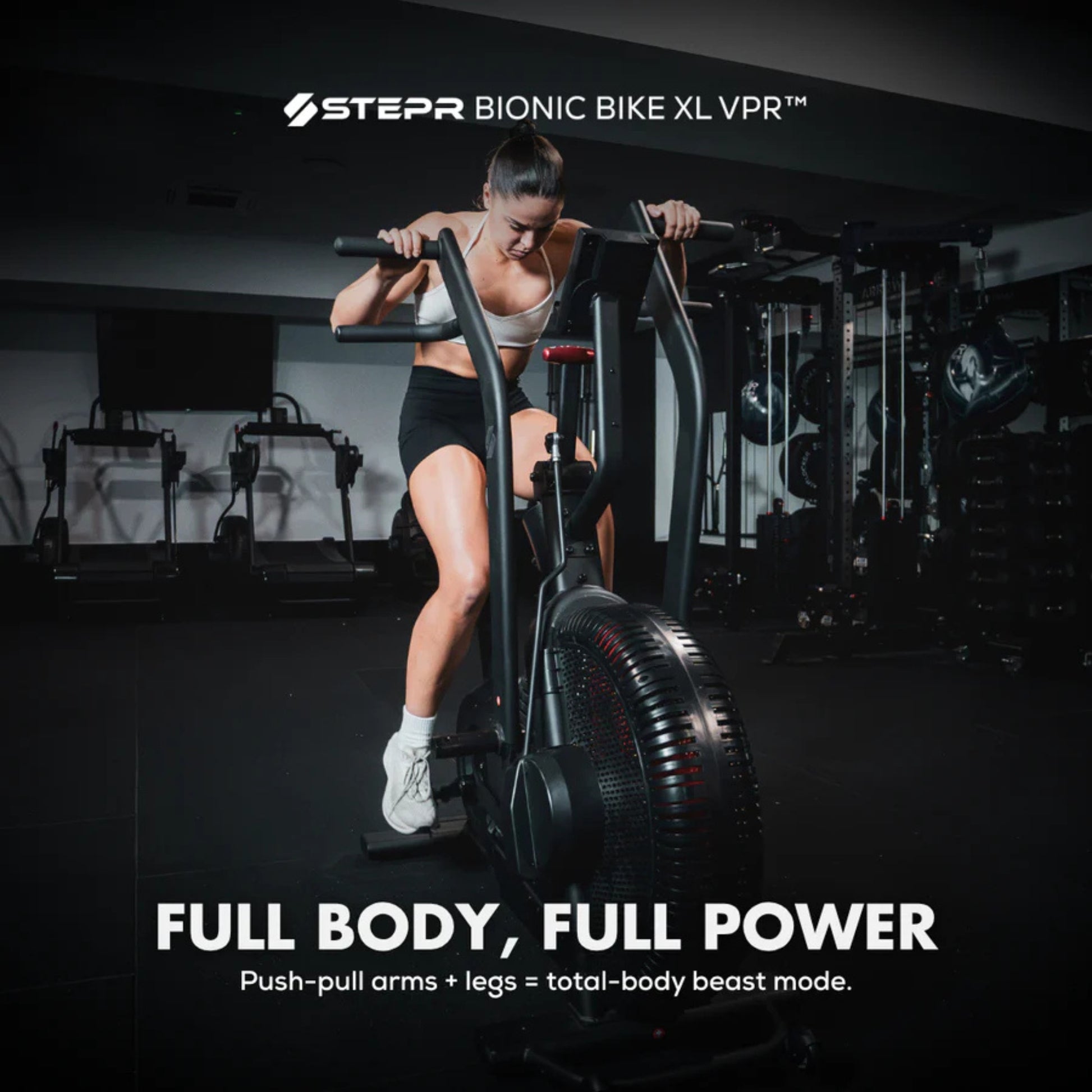Rear angled view of STEPR Bionic Bike XL air bike with sturdy frame