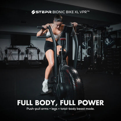 Rear angled view of STEPR Bionic Bike XL air bike with sturdy frame