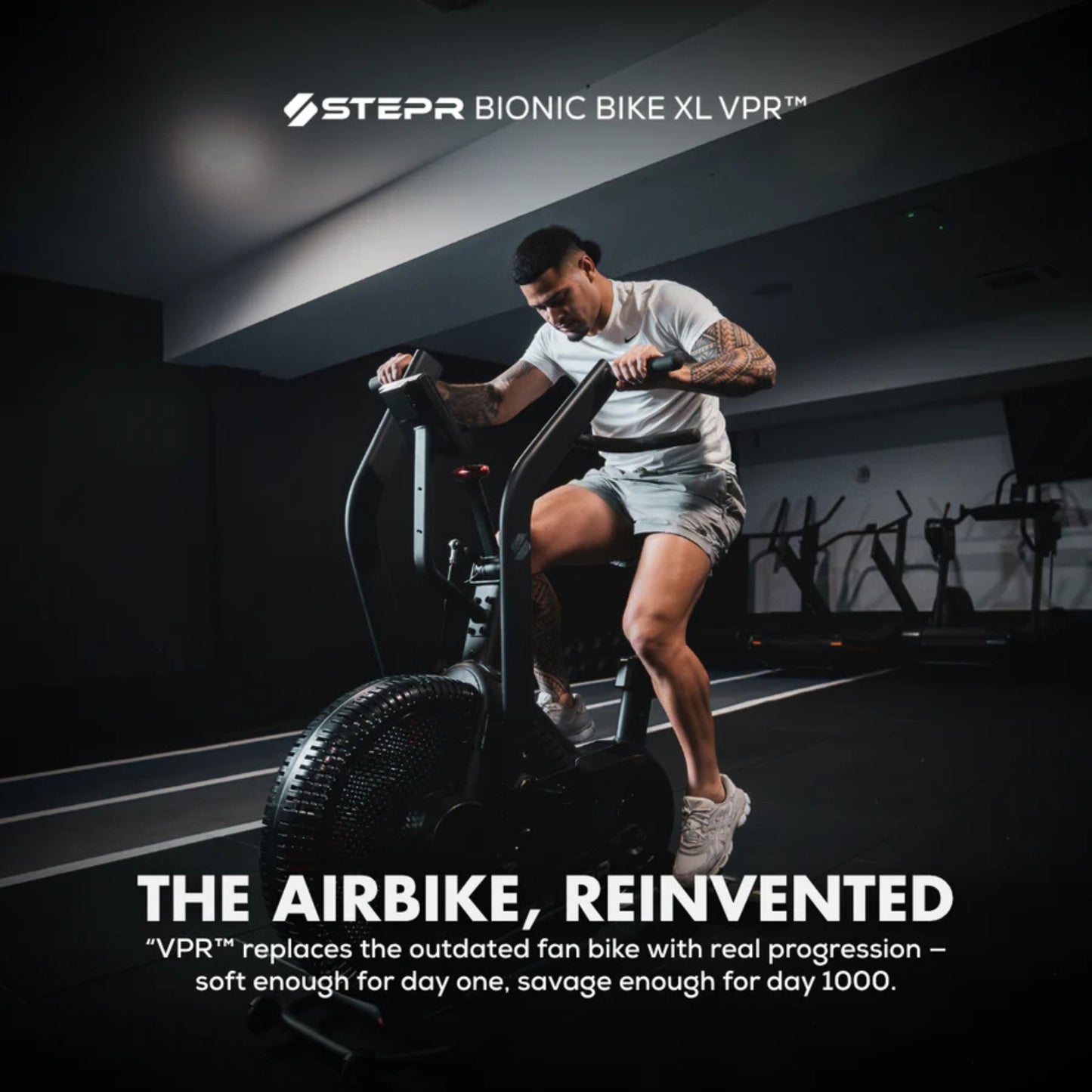 Side profile of STEPR Bionic Bike XL air bike with fan wheel design