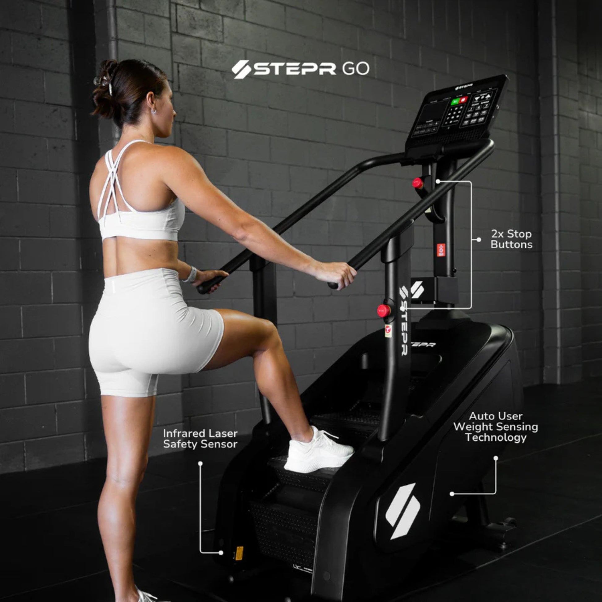 Athlete in step climb position on home stair climber exercise machine