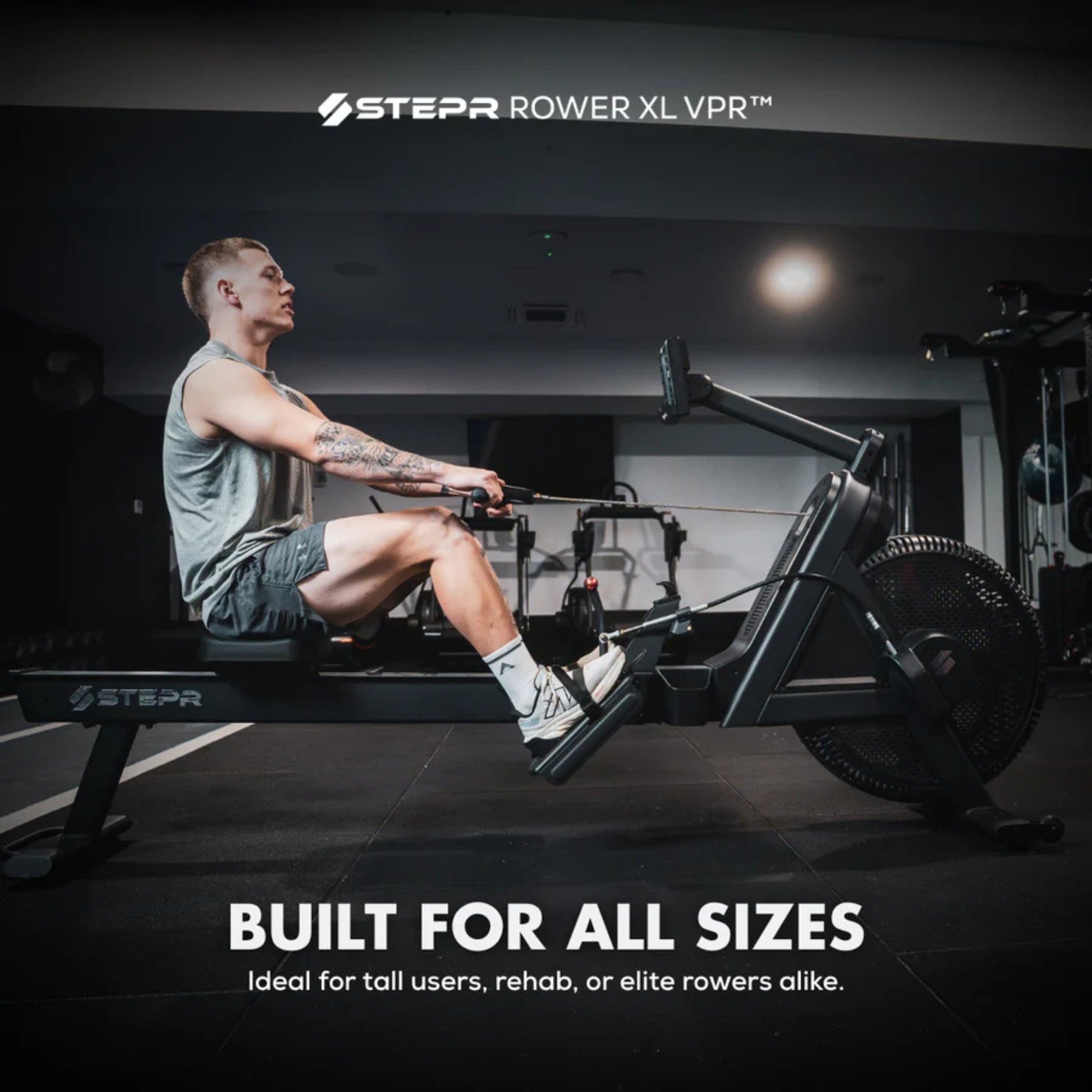 Athlete rowing on STEPR machine for cardio endurance and full-body workout