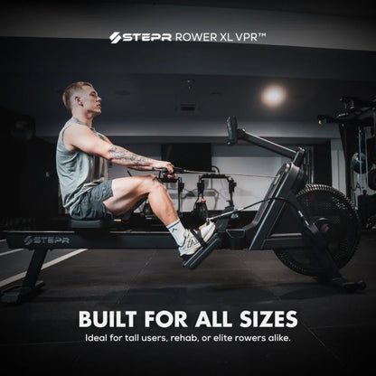 Athlete rowing on STEPR machine for cardio endurance and full-body workout