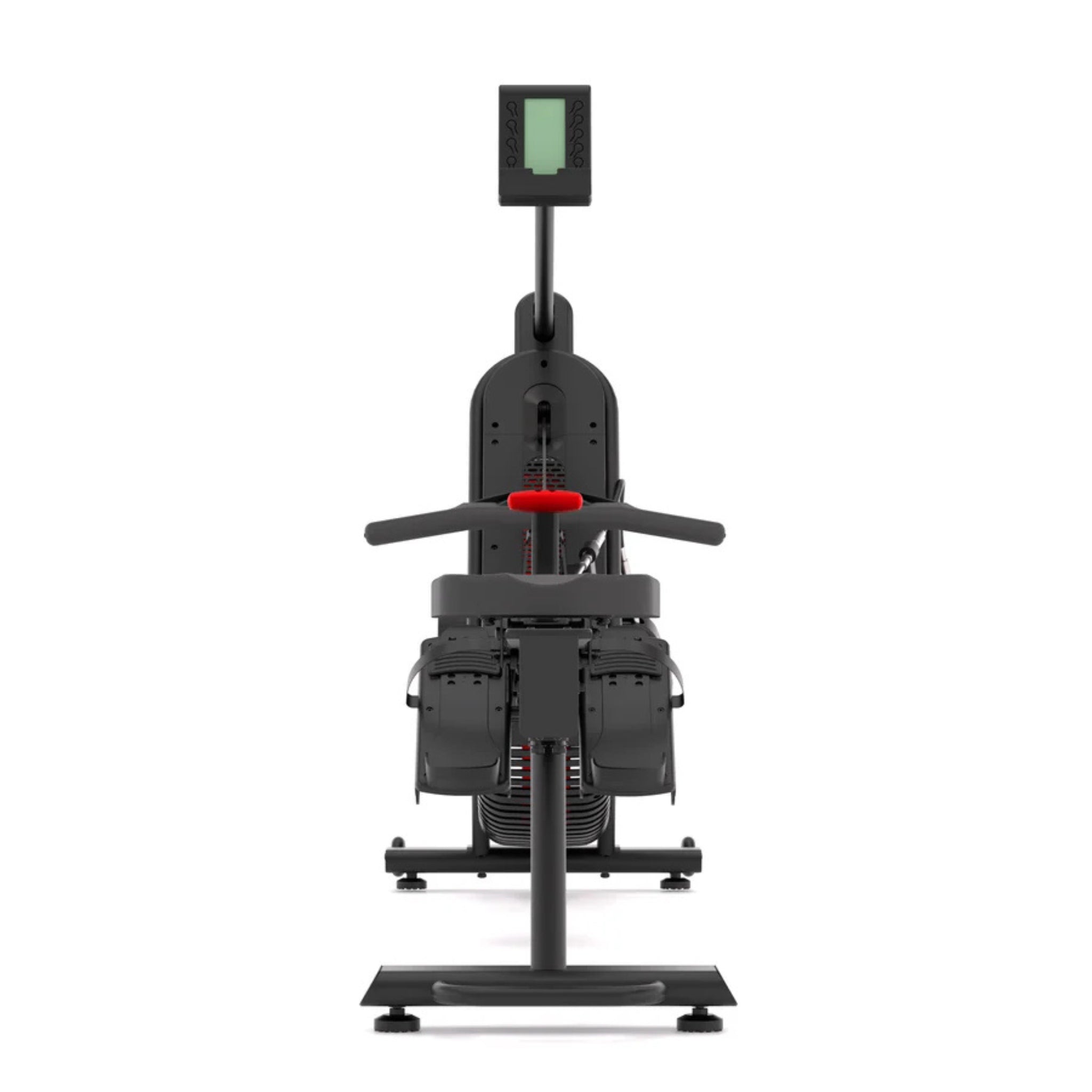 STEPR rowing machine stored upright for compact home gym storage