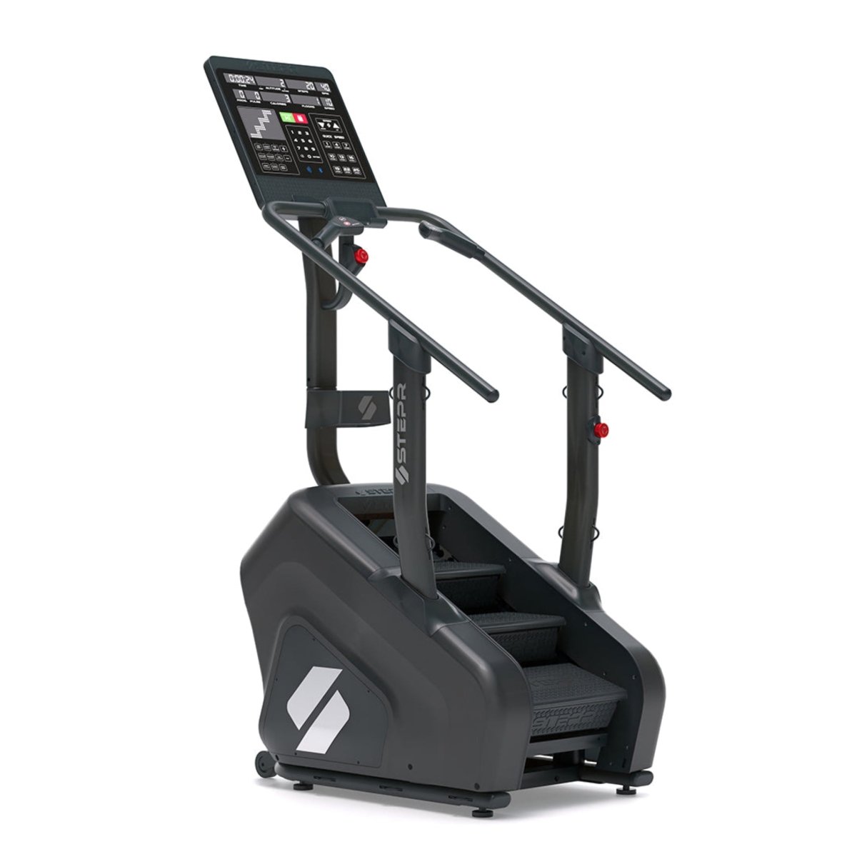 Angled view of the STEPR Classic stair climber with LED console, compact step design, and sleek black finish for home workouts.