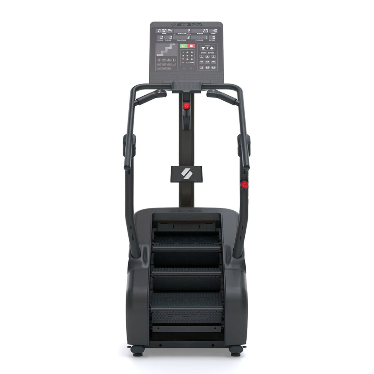 Front view of the STEPR Classic stair climber with LED console and compact step design for home fitness.