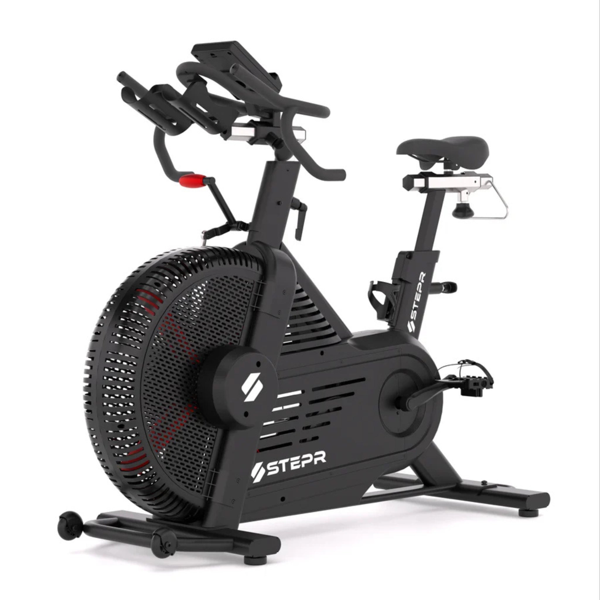 Compact angled view of STEPR spin bike with sturdy flywheel design