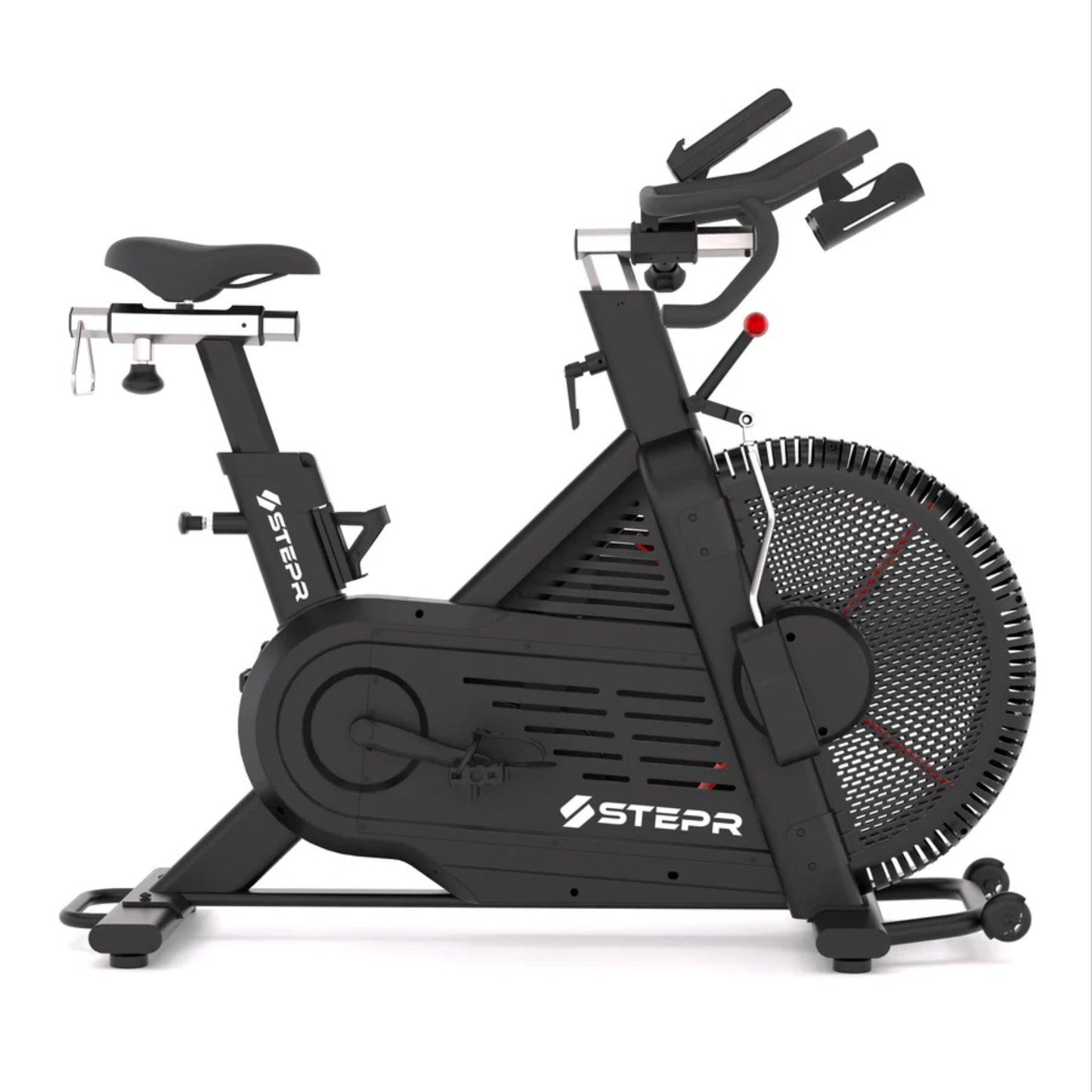 Front upright view of STEPR spin exercise bike showing ergonomic design