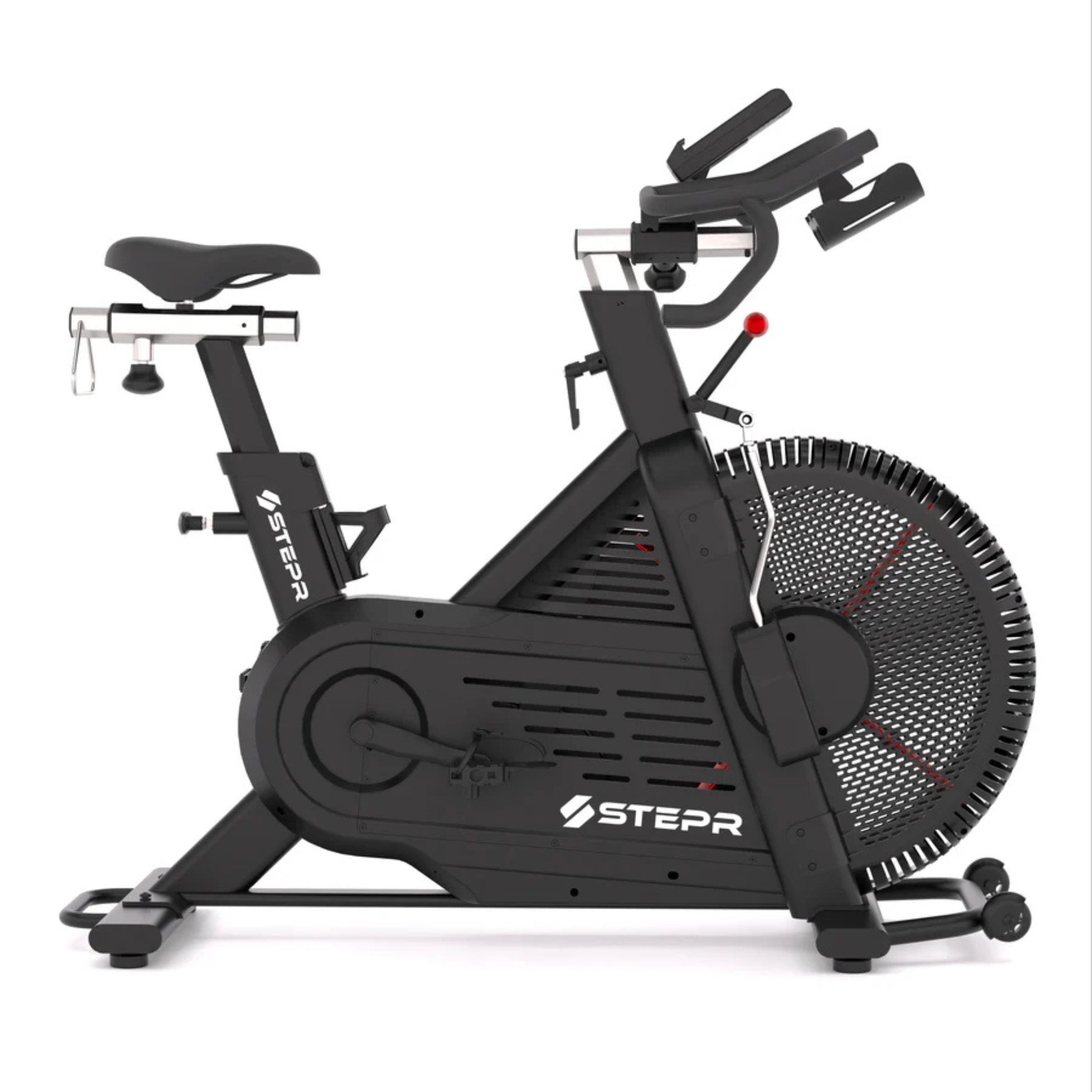 Front upright view of STEPR spin exercise bike showing ergonomic design