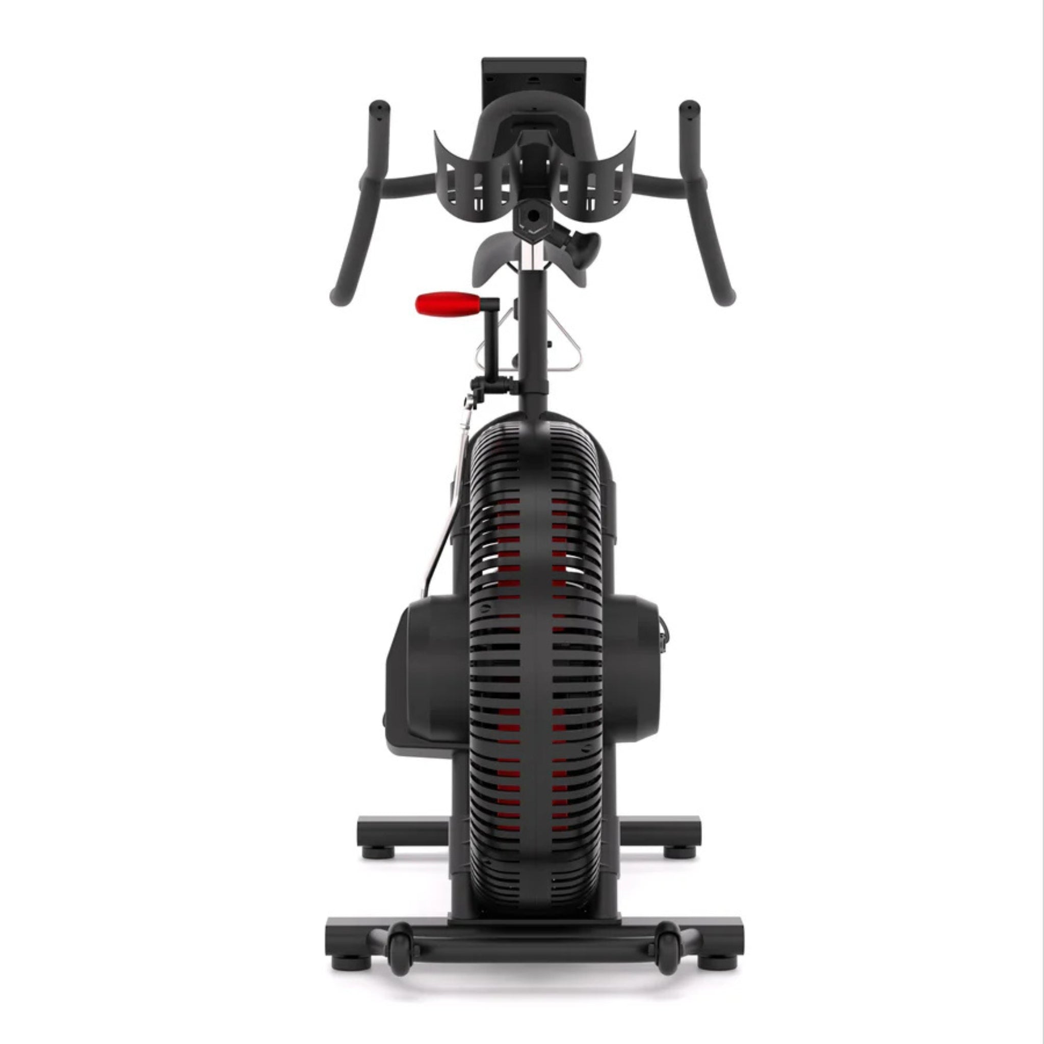 Rear view of STEPR spin bike showing frame and flywheel construction