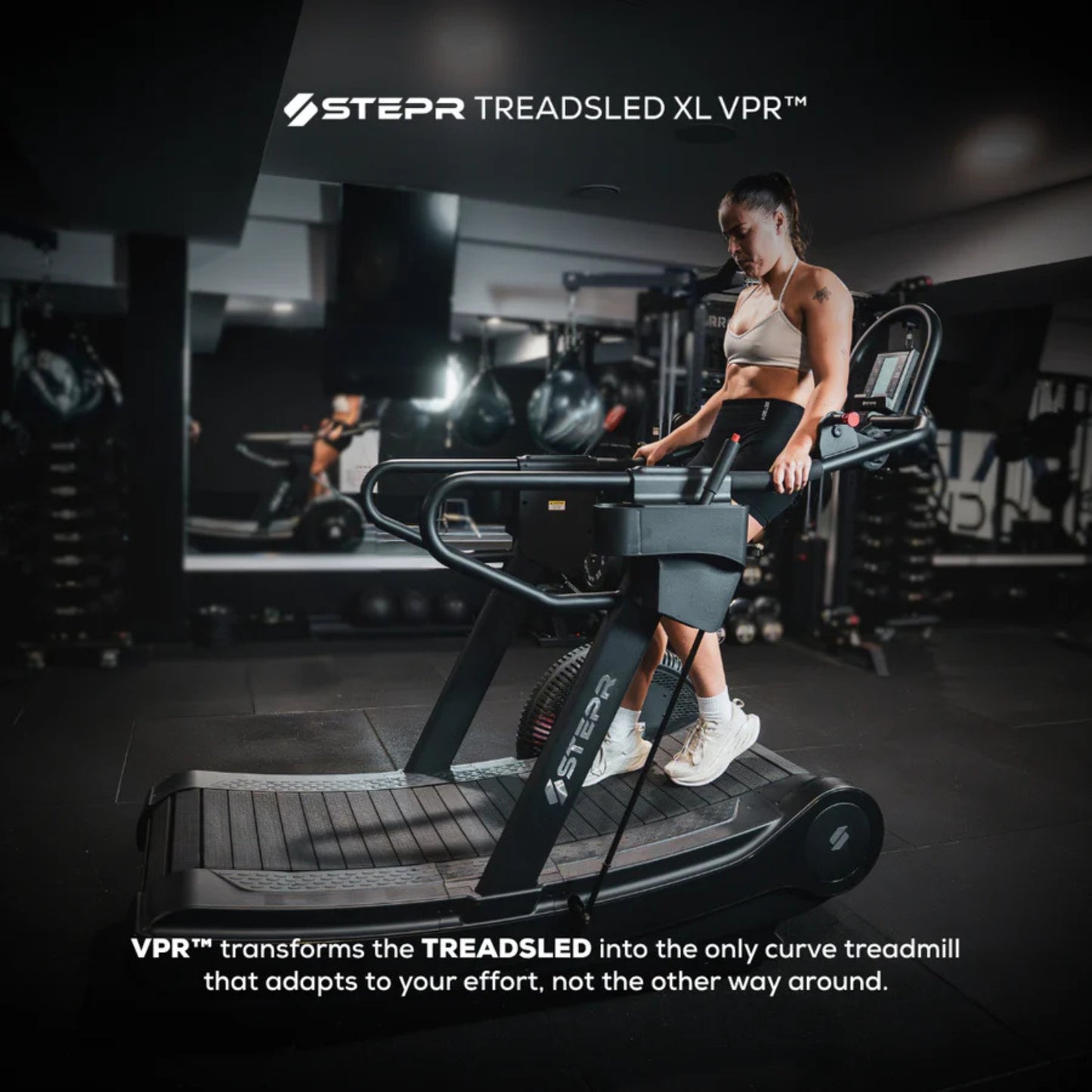 Compact side view of STEPR treadmill with premium running surface