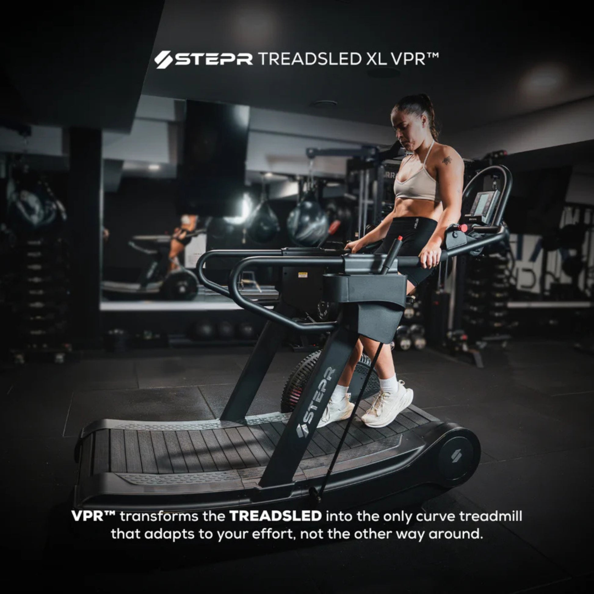 Compact side view of STEPR treadmill with premium running surface