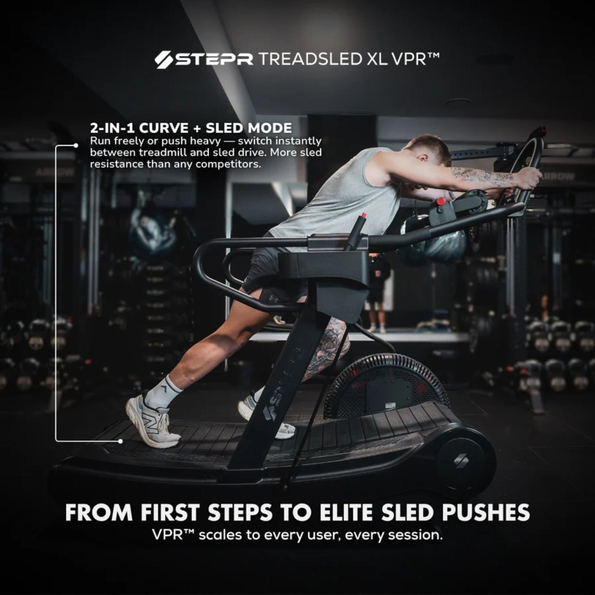 Athlete running on STEPR treadmill in lifestyle fitness studio setting
