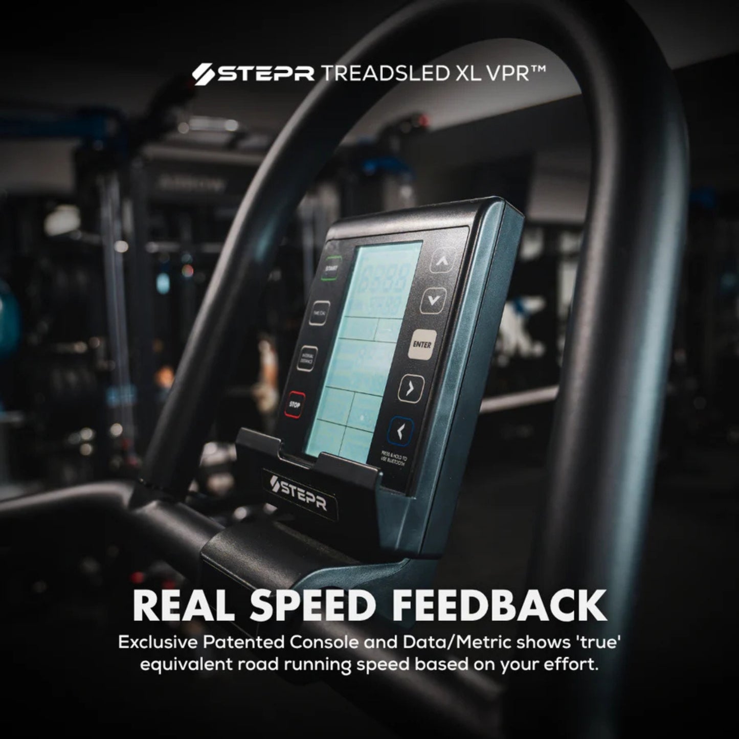 STEPR treadmill screen showing advanced training programs and features