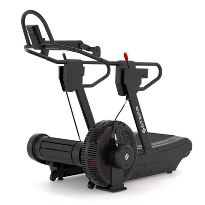 Side angled view of STEPR treadmill in running workout mode