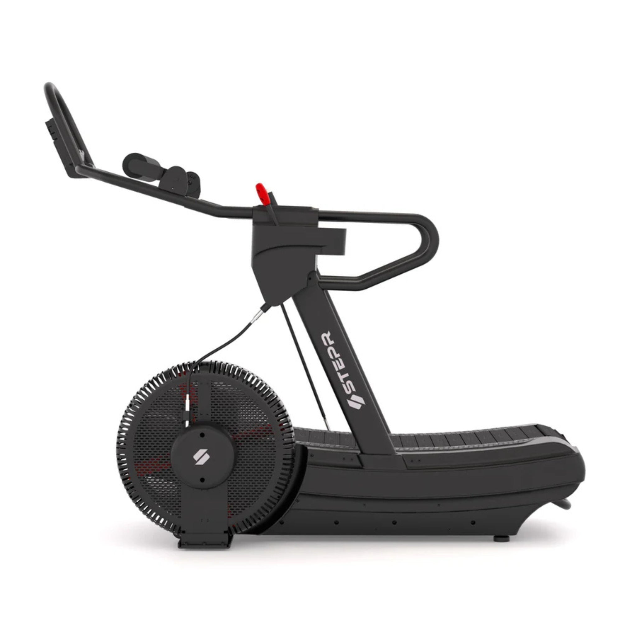 Side profile of STEPR treadmill with durable slat-belt running deck