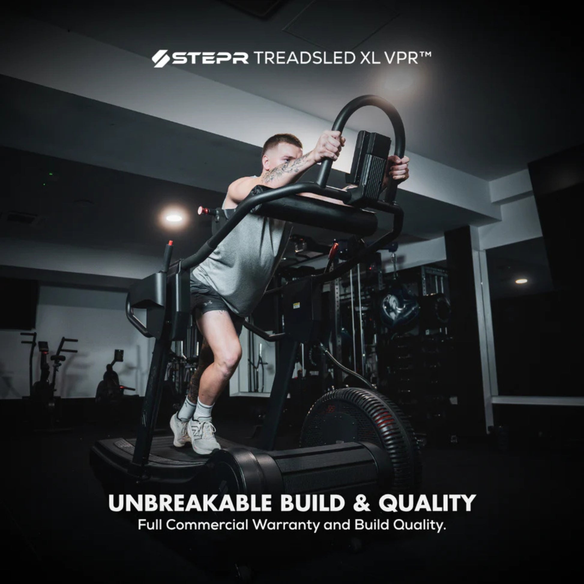 Upright front design of STEPR treadmill for professional gym use