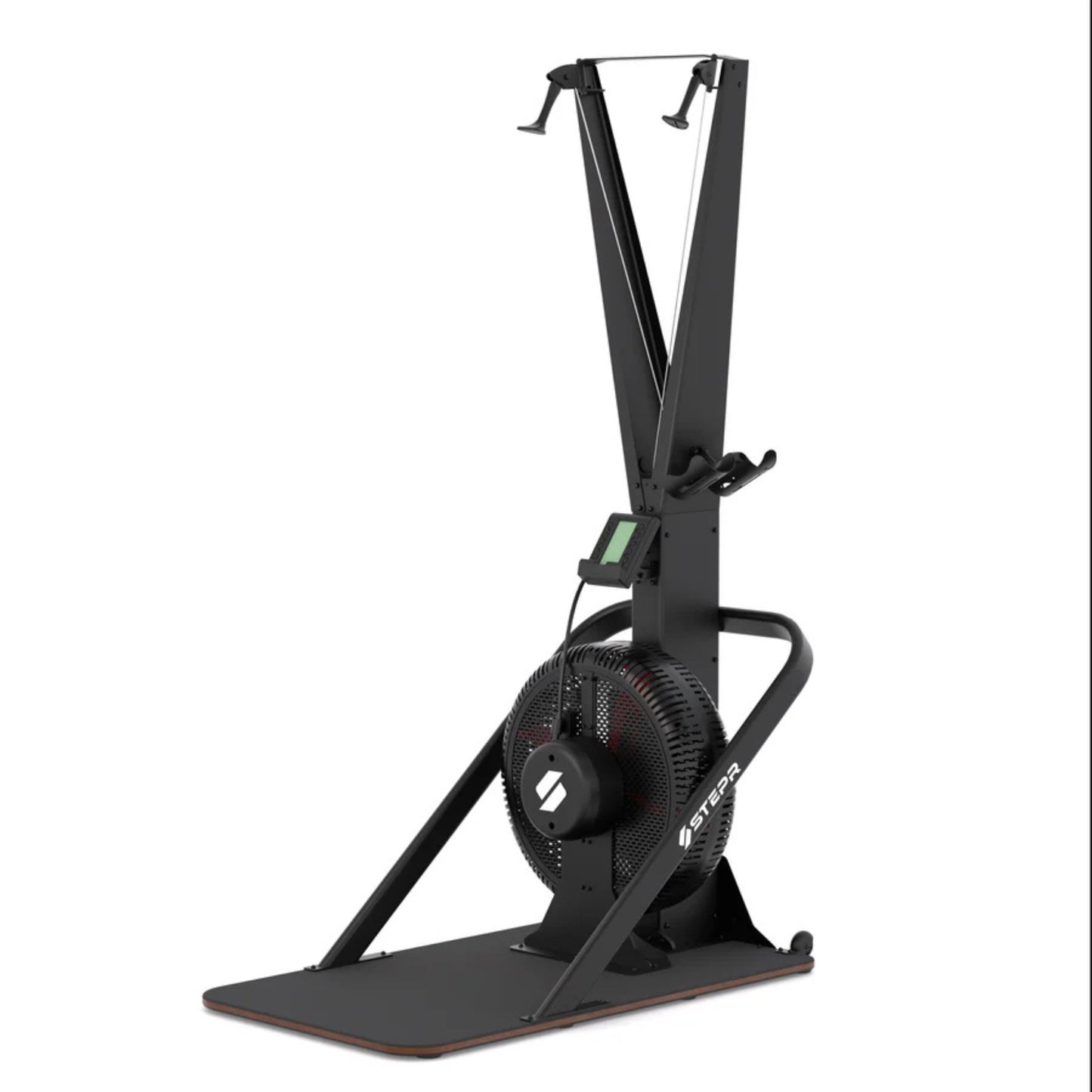 Athlete demonstrating angled exercise position on STEPR vertical climber