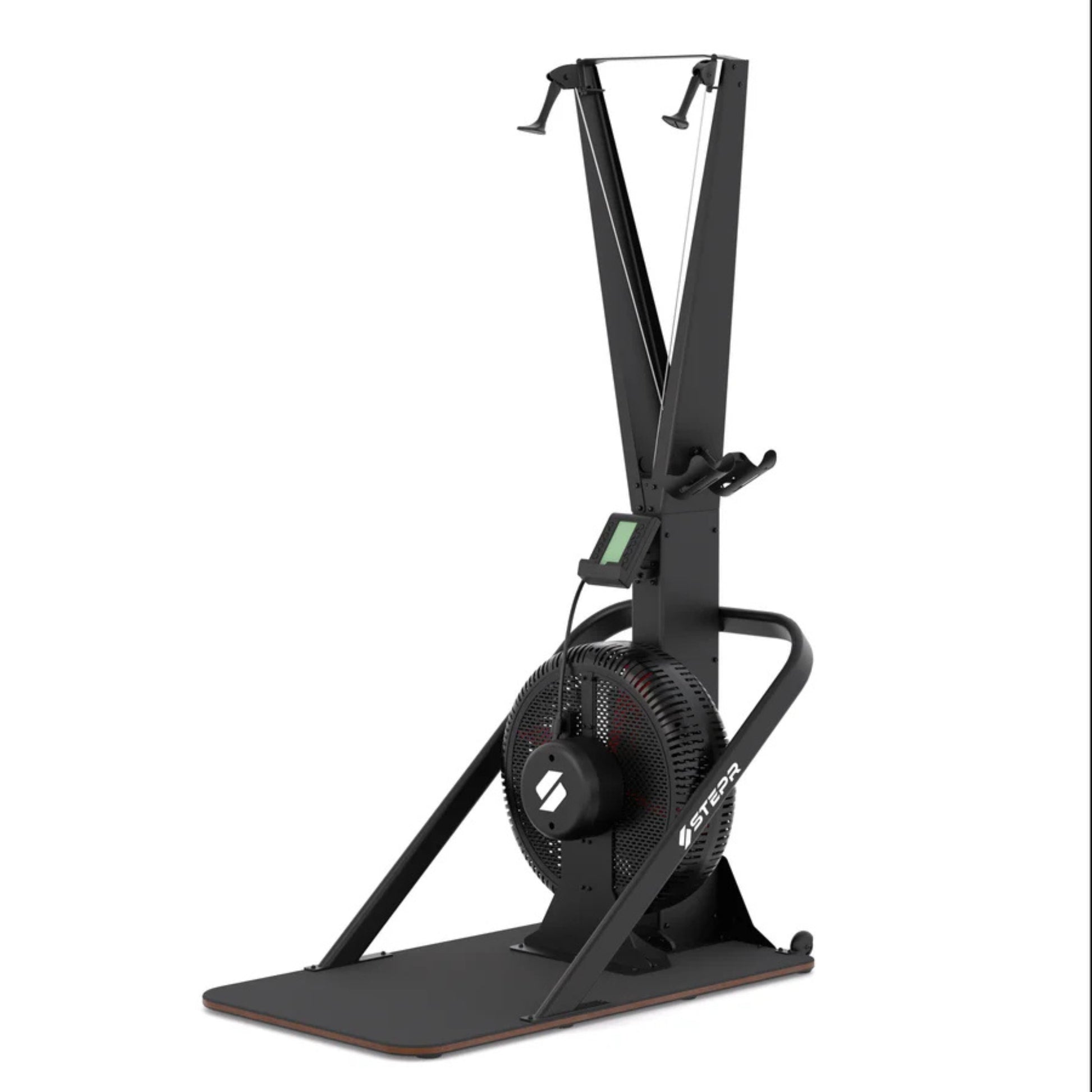 Athlete demonstrating angled exercise position on STEPR vertical climber
