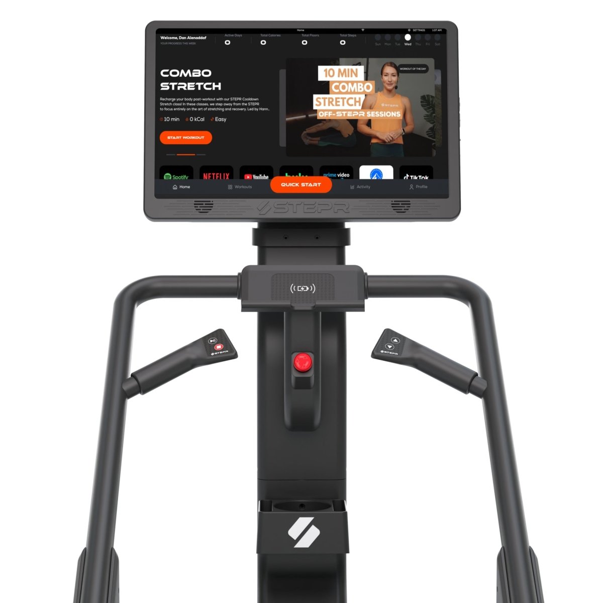 Close-up of the STEPR XL+ stair climber 27-inch HD touchscreen console displaying workout programs and digital features.